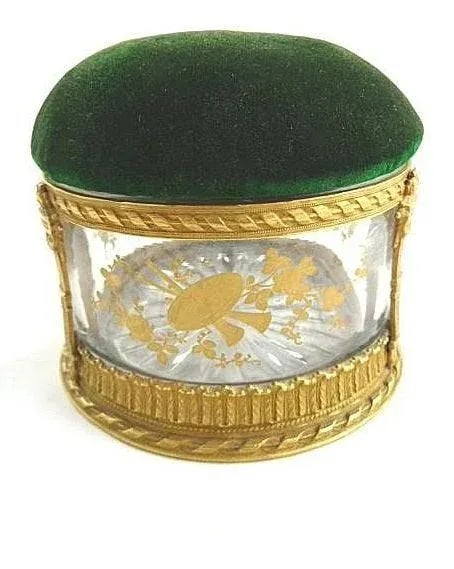 Antique French Crystal Dresser Box With Pin Cushion / Velvet Pin Holder / Hand Painted Gilt Details - 2