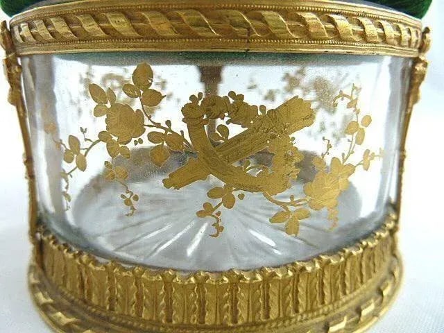 Antique French Crystal Dresser Box With Pin Cushion / Velvet Pin Holder / Hand Painted Gilt Details - 3