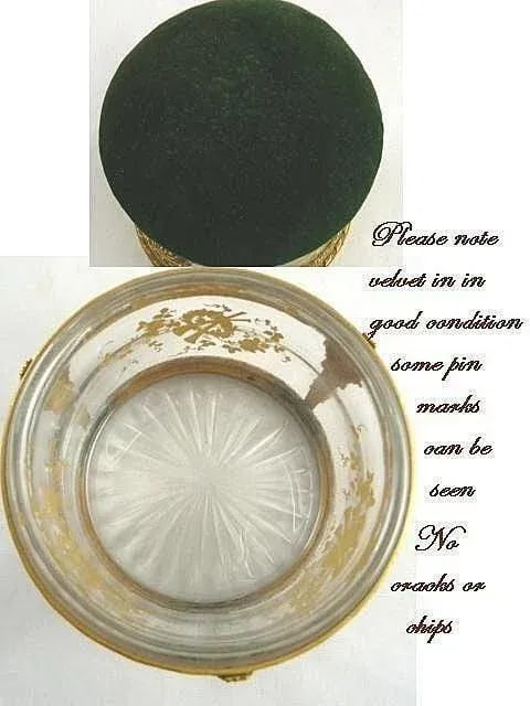 Antique French Crystal Dresser Box With Pin Cushion / Velvet Pin Holder / Hand Painted Gilt Details - 4