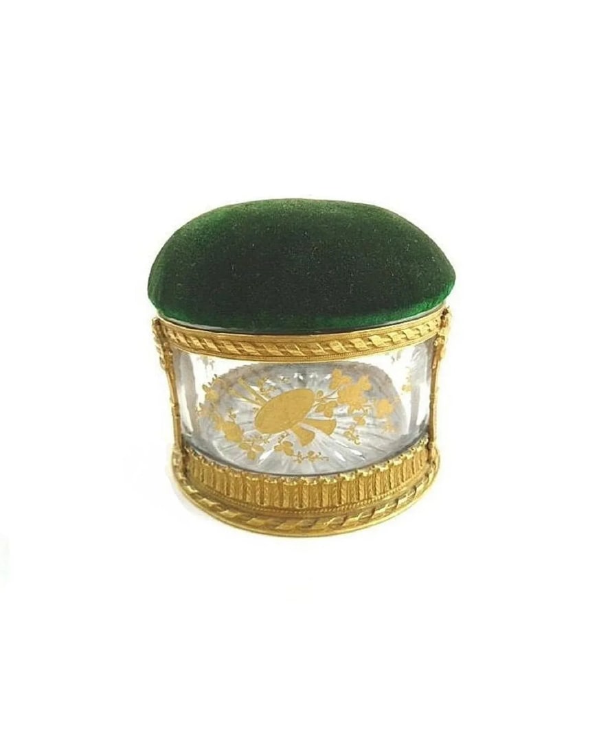 Antique French Crystal Dresser Box With Pin Cushion / Velvet Pin Holder / Hand Painted Gilt Details - 6