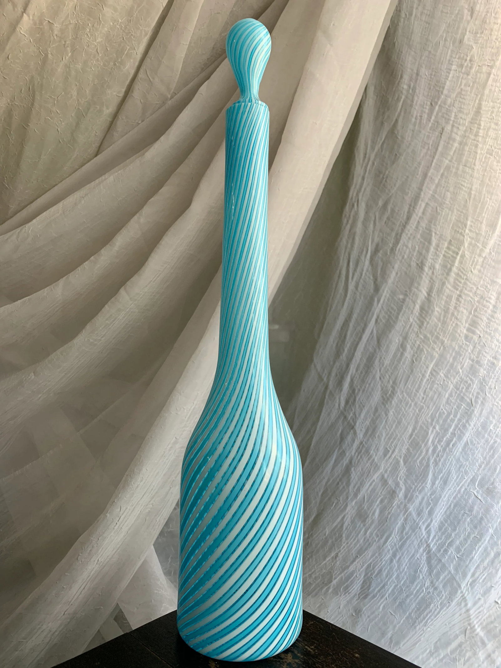 1950s Vintage Murano Fratelli Toso Art Glass Decanter Bottle With Baby Blue and White Stripes - 12