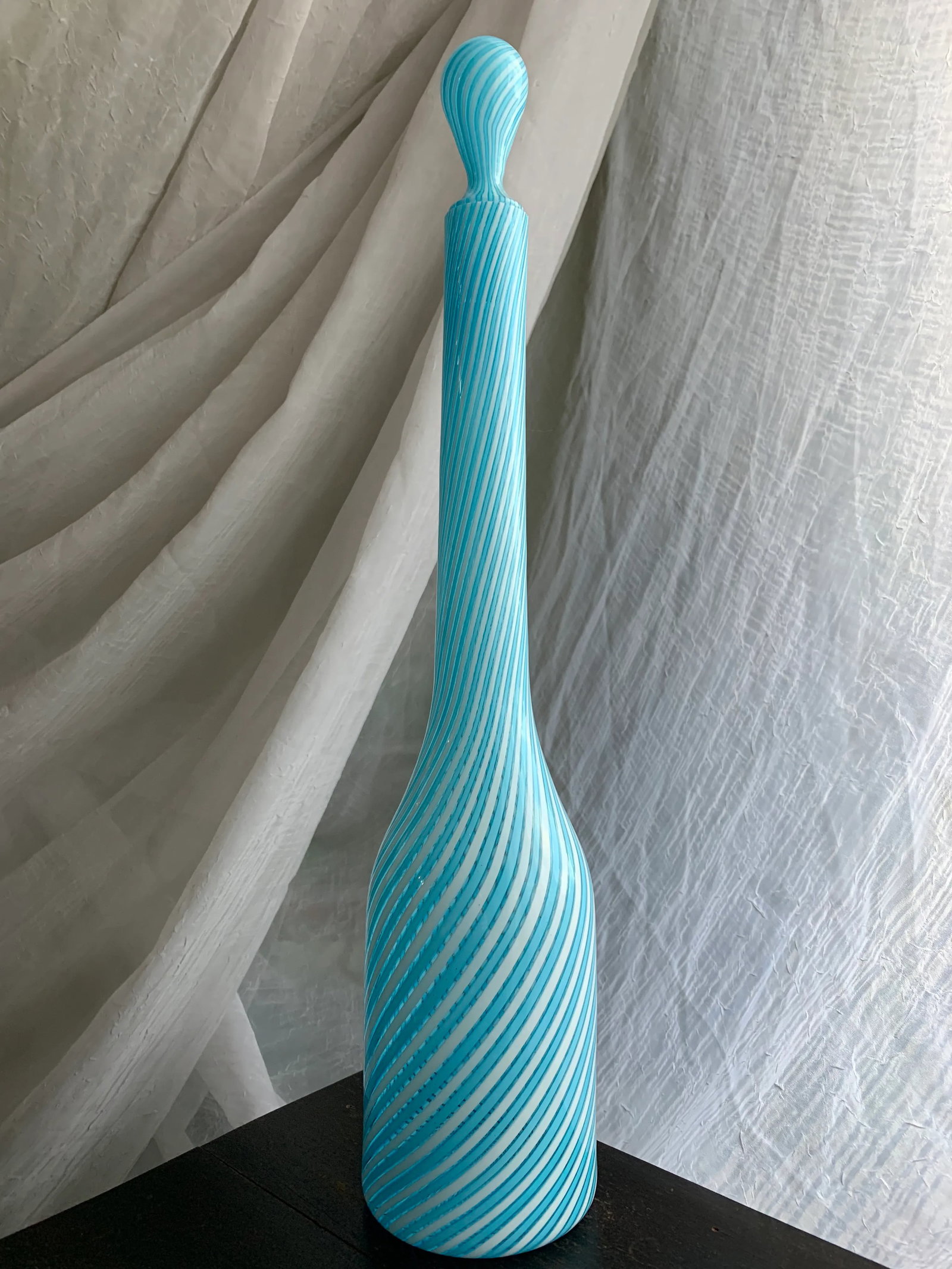 1950s Vintage Murano Fratelli Toso Art Glass Decanter Bottle With Baby Blue and White Stripes - 13