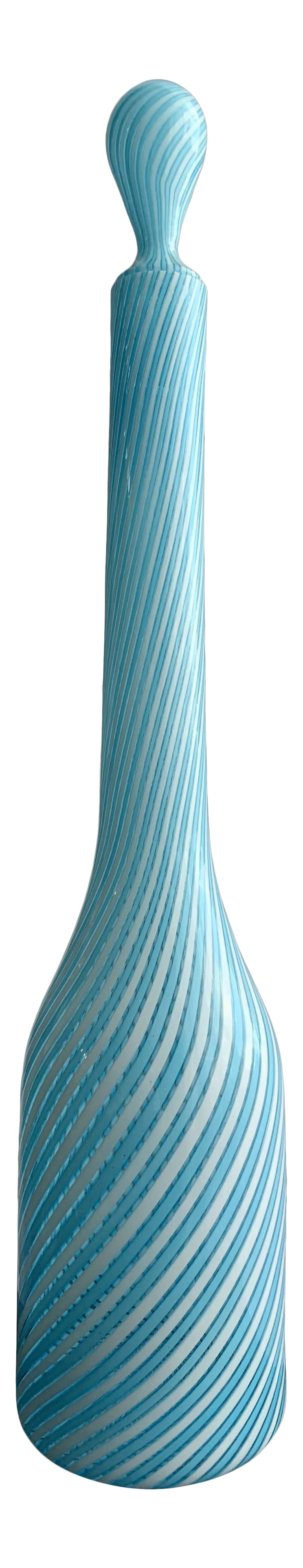 1950s Vintage Murano Fratelli Toso Art Glass Decanter Bottle With Baby Blue and White Stripes: Offered is this very rare Murano art glass bottle by Fratelli Toso. This masterpiece is certain to be the gem of your collection. Created with beautiful swirling alternating stripes of robin's egg blu