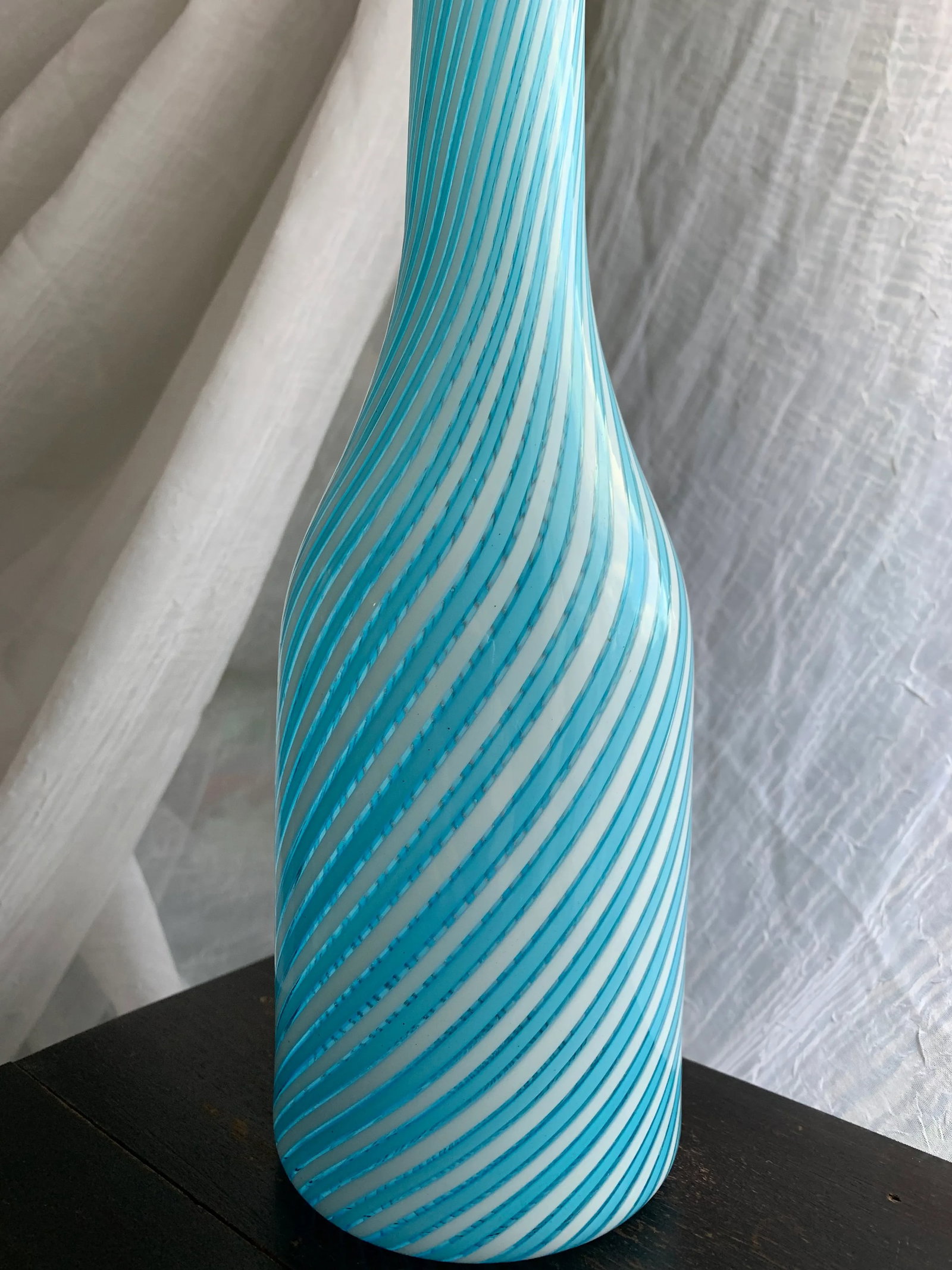 1950s Vintage Murano Fratelli Toso Art Glass Decanter Bottle With Baby Blue and White Stripes - 2