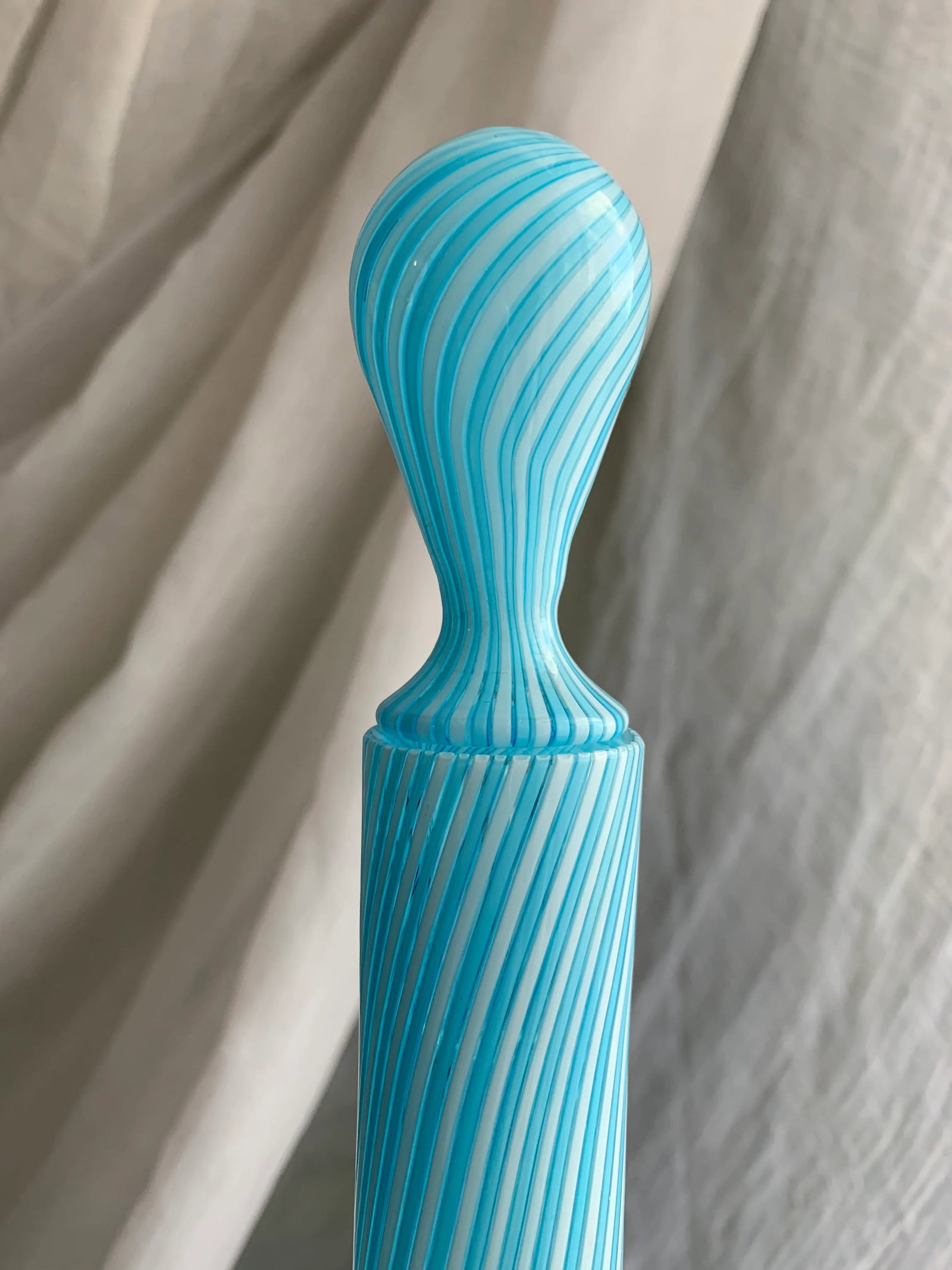 1950s Vintage Murano Fratelli Toso Art Glass Decanter Bottle With Baby Blue and White Stripes - 4
