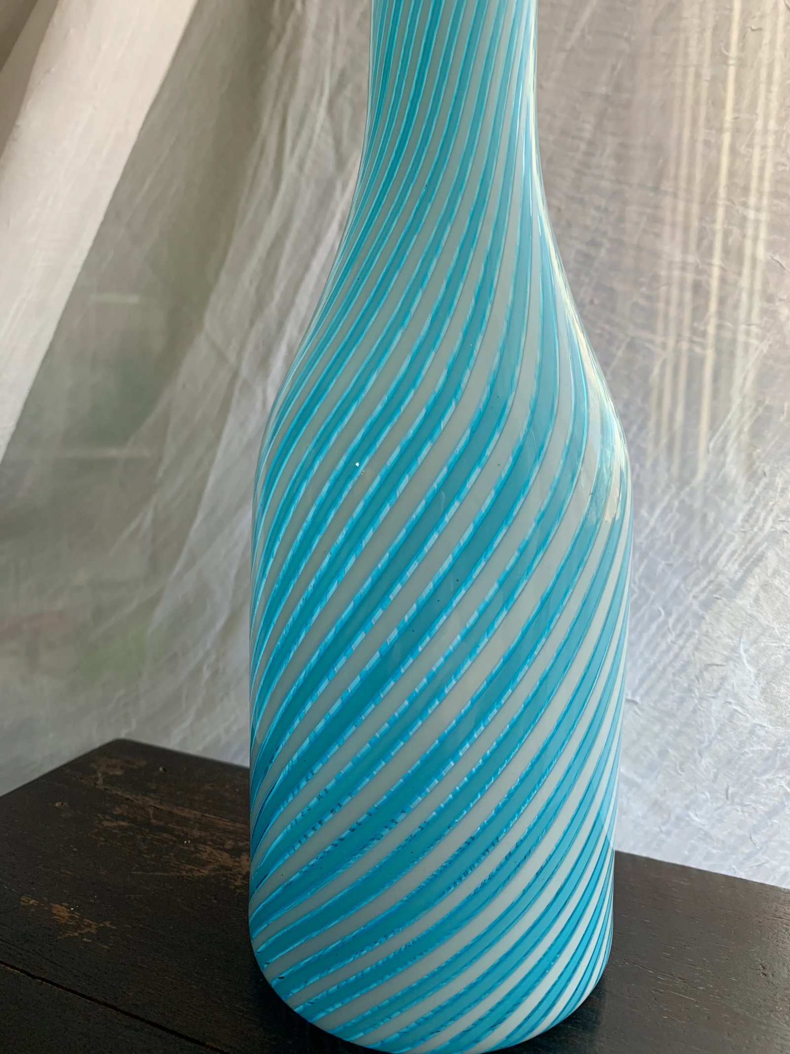 1950s Vintage Murano Fratelli Toso Art Glass Decanter Bottle With Baby Blue and White Stripes - 5