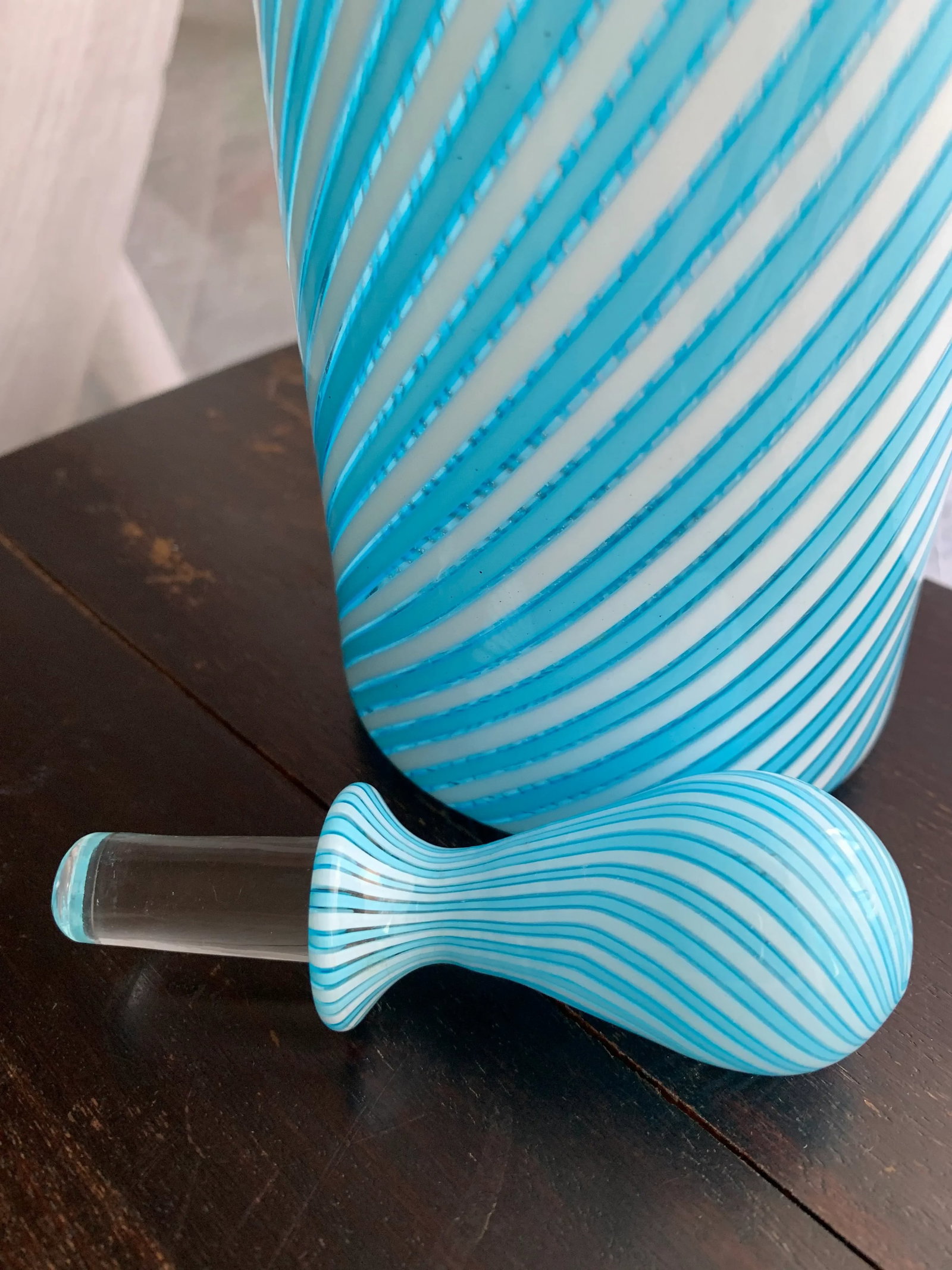 1950s Vintage Murano Fratelli Toso Art Glass Decanter Bottle With Baby Blue and White Stripes - 6