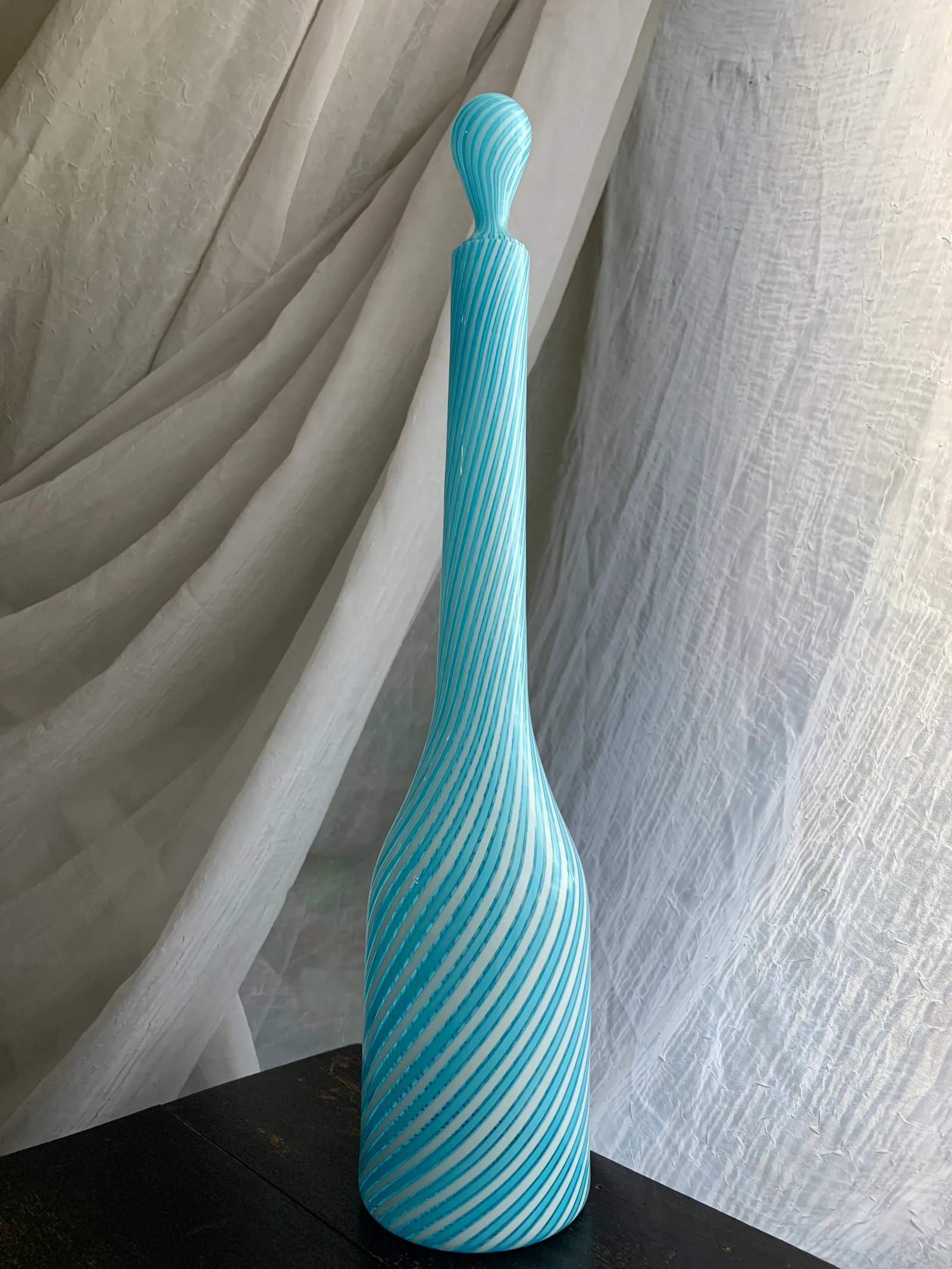 1950s Vintage Murano Fratelli Toso Art Glass Decanter Bottle With Baby Blue and White Stripes - 7