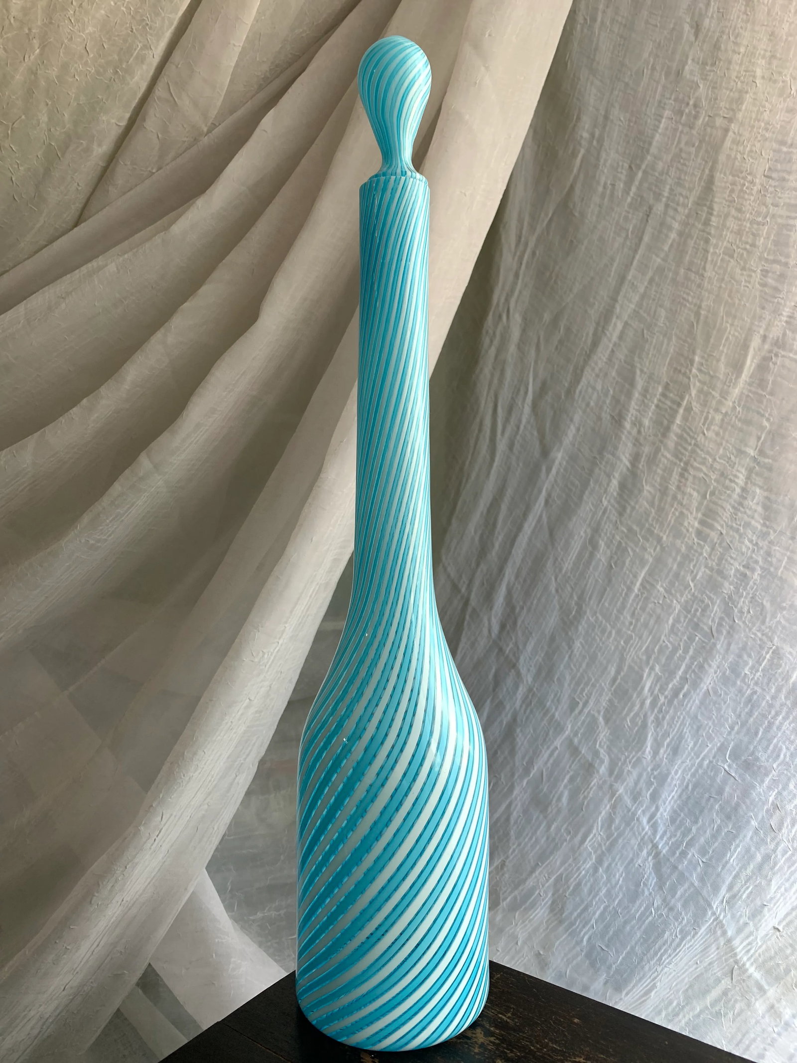 1950s Vintage Murano Fratelli Toso Art Glass Decanter Bottle With Baby Blue and White Stripes - 8