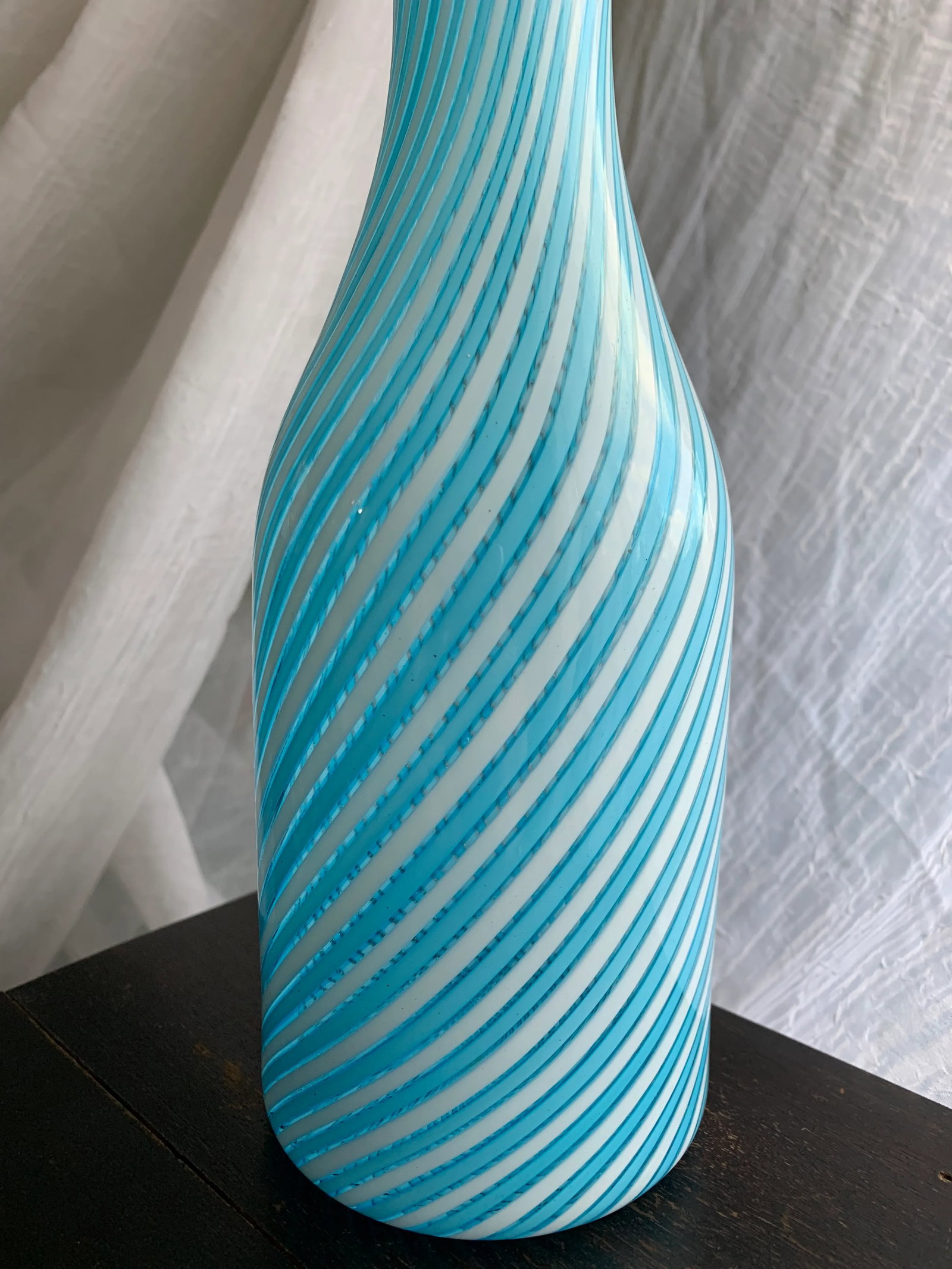 1950s Vintage Murano Fratelli Toso Art Glass Decanter Bottle With Baby Blue and White Stripes - 9