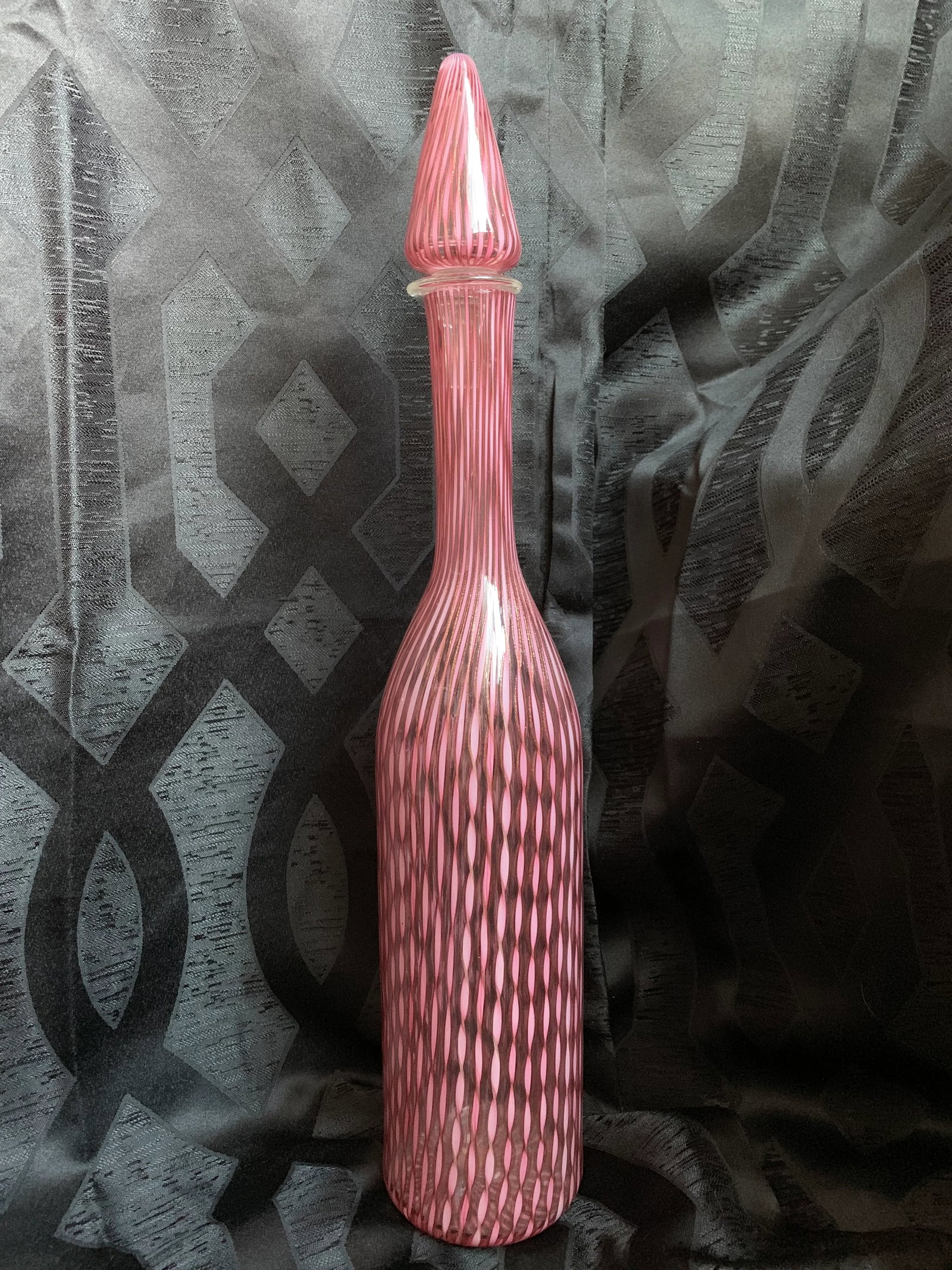 1960s Vintage Ermanno Toso Fratelli Toso Decanter Bottle Vase With Twisted Pink Canes and Filligree - 13