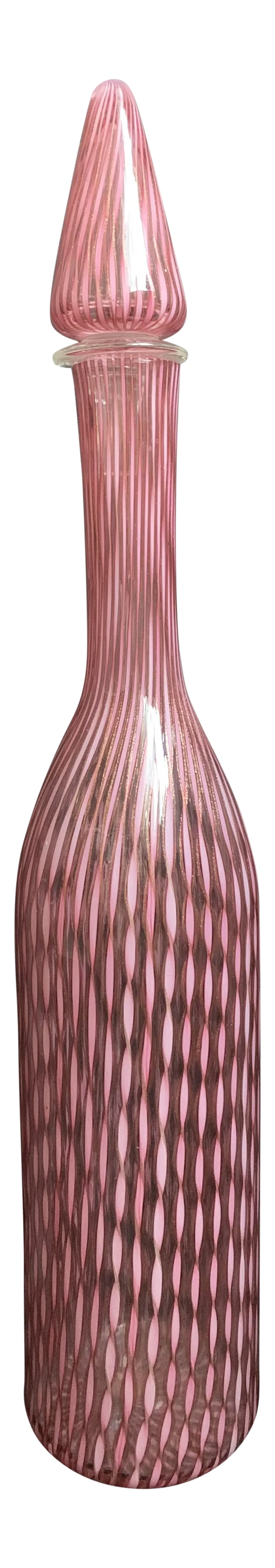 1960s Vintage Ermanno Toso Fratelli Toso Decanter Bottle Vase With Twisted Pink Canes and Filligree: This very rare masterpiece Murano art glass by Ermanno Toso is certain to take your breath away. Created with beautiful pink twisted ribbon canes delicately framed in fine strands of gold aventurine.