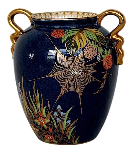 Carlton Ware Spider Web Vase: This vintage Carlton Ware vase in the hard-to-find Bleu Royale spider's web design is an exquisite piece of English pottery. The beautiful blue vase has painted gold handles and a hand-painted spider