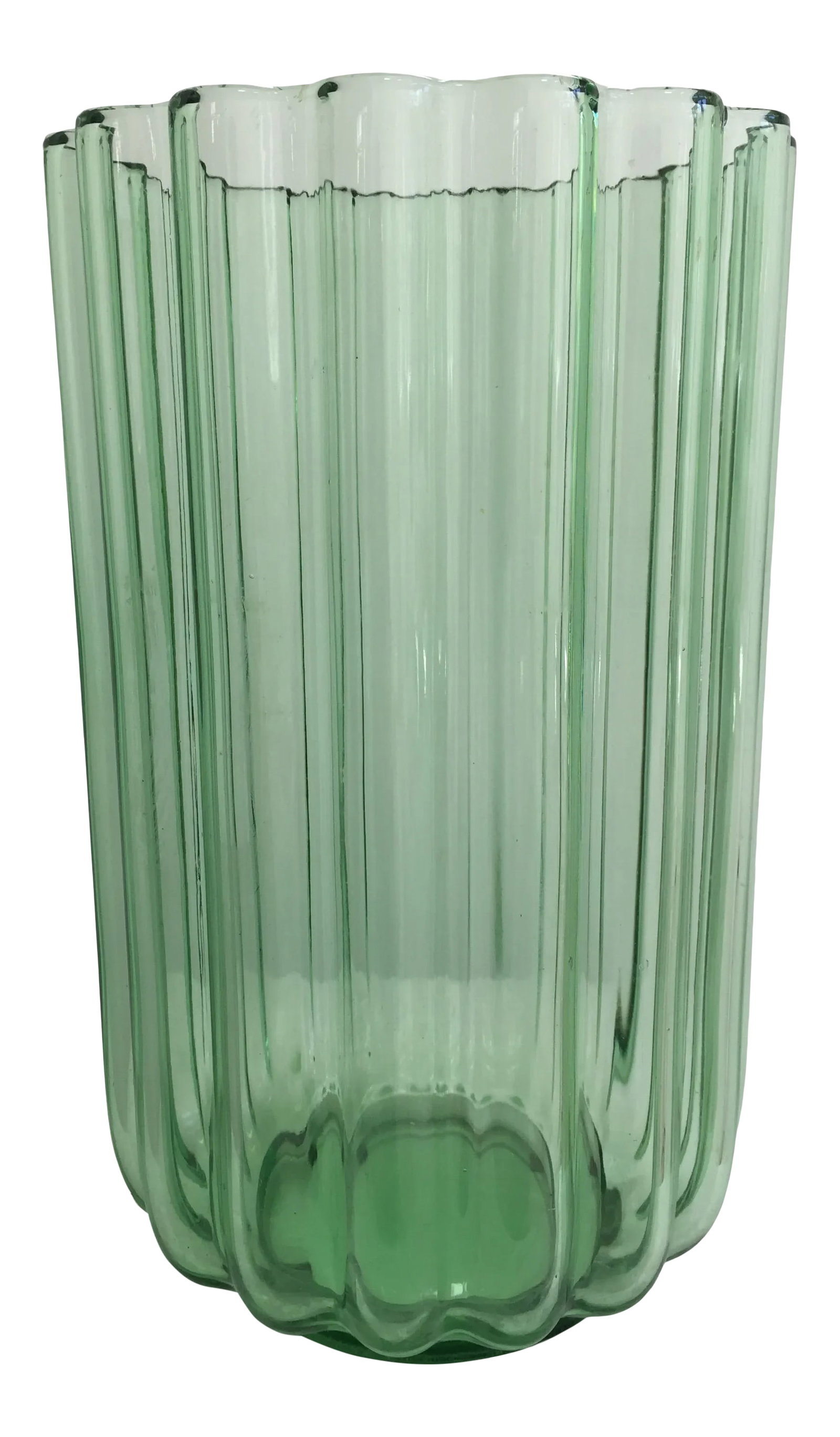 1930's Green "Lotus" Vase by George Sakier for Fostoria Glass Company: An American Art Deco vase designed in 1929 by George Sakier (1897-1989) for Fostoria Glass Company. Condition: Alterations: Original Condition Unaltered Imperfections: Some Imperfections Condition Not
