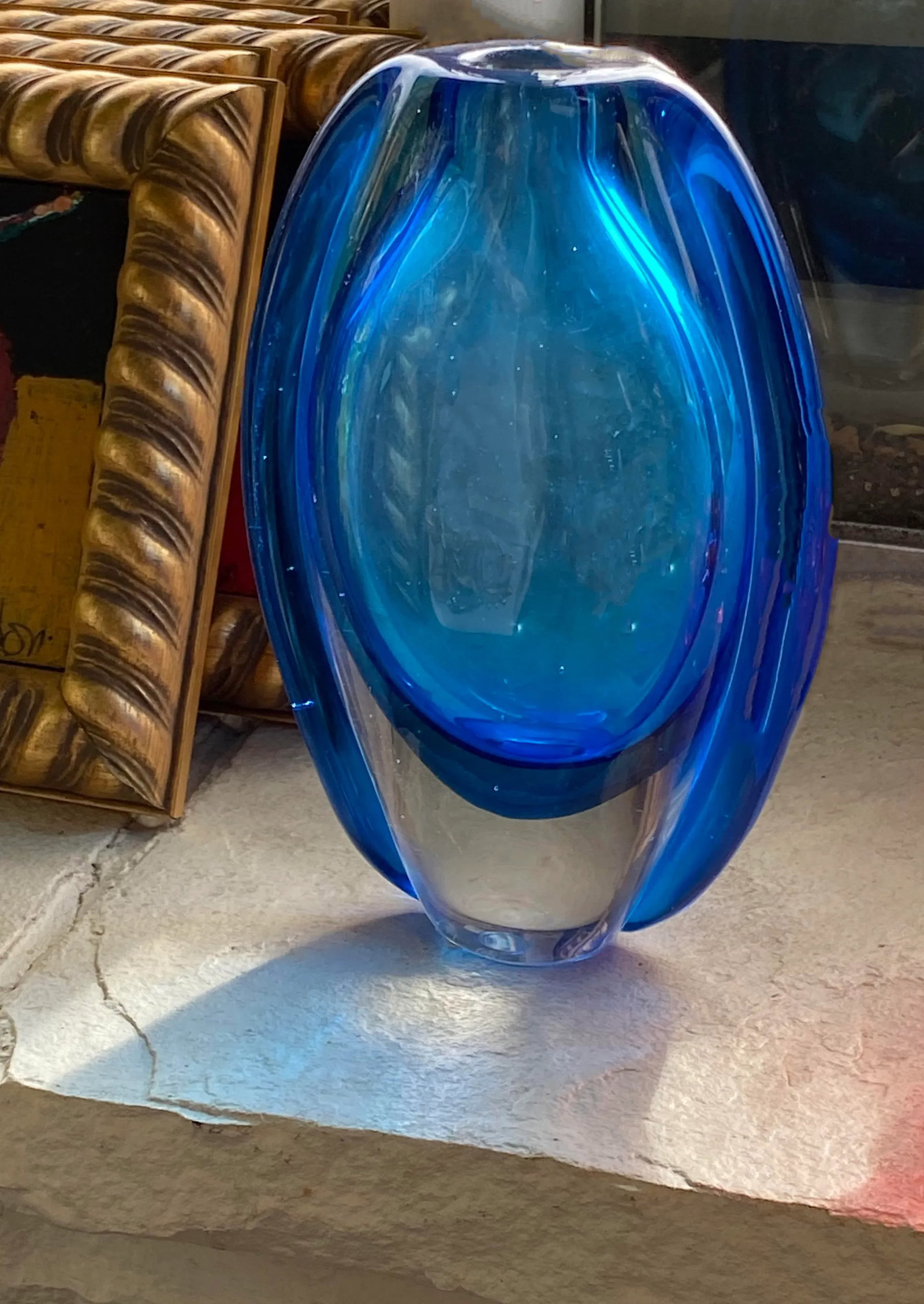 Vintage Mid Century Blue Art Glass Vase - 3