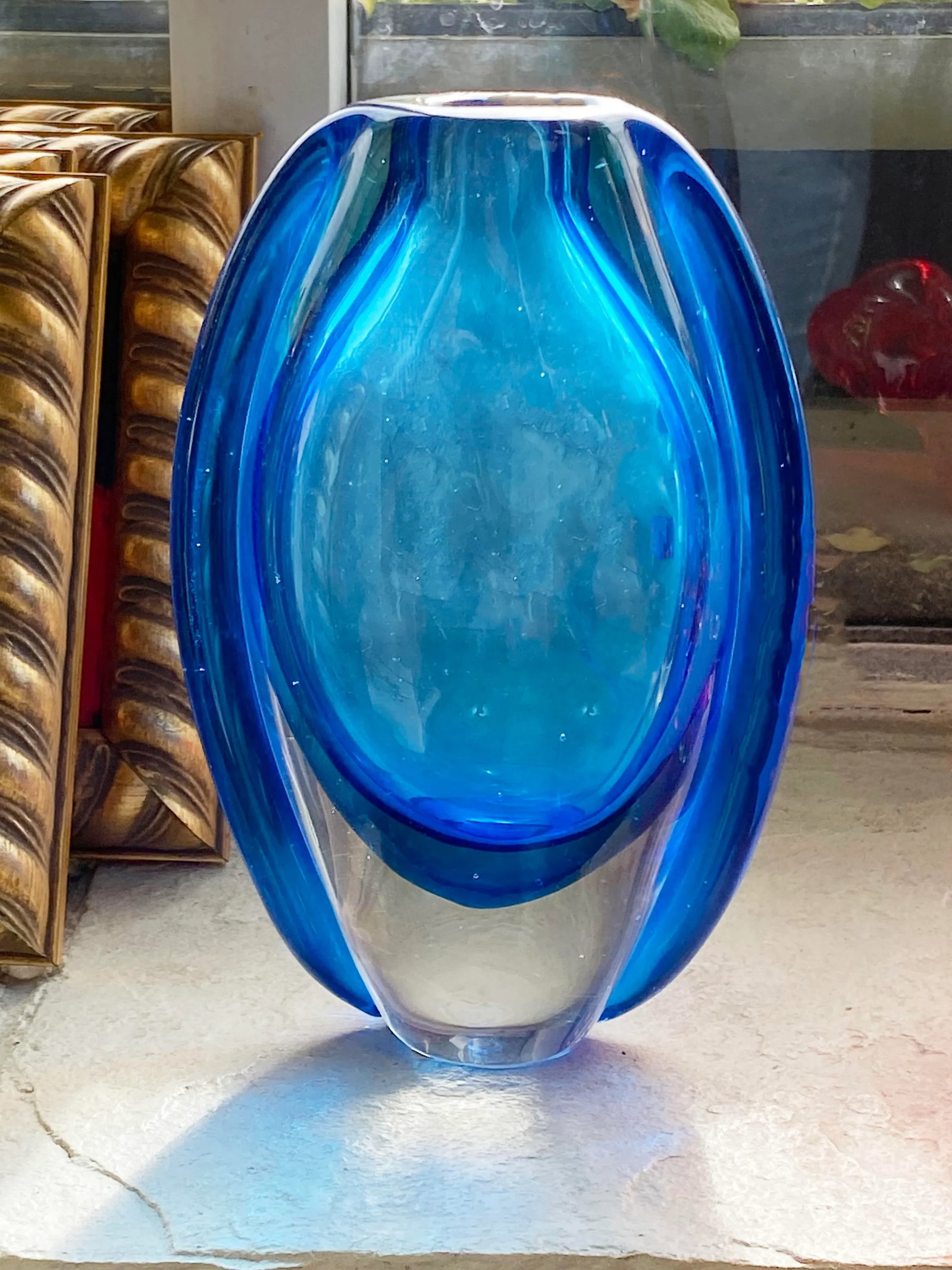Vintage Mid Century Blue Art Glass Vase - 6