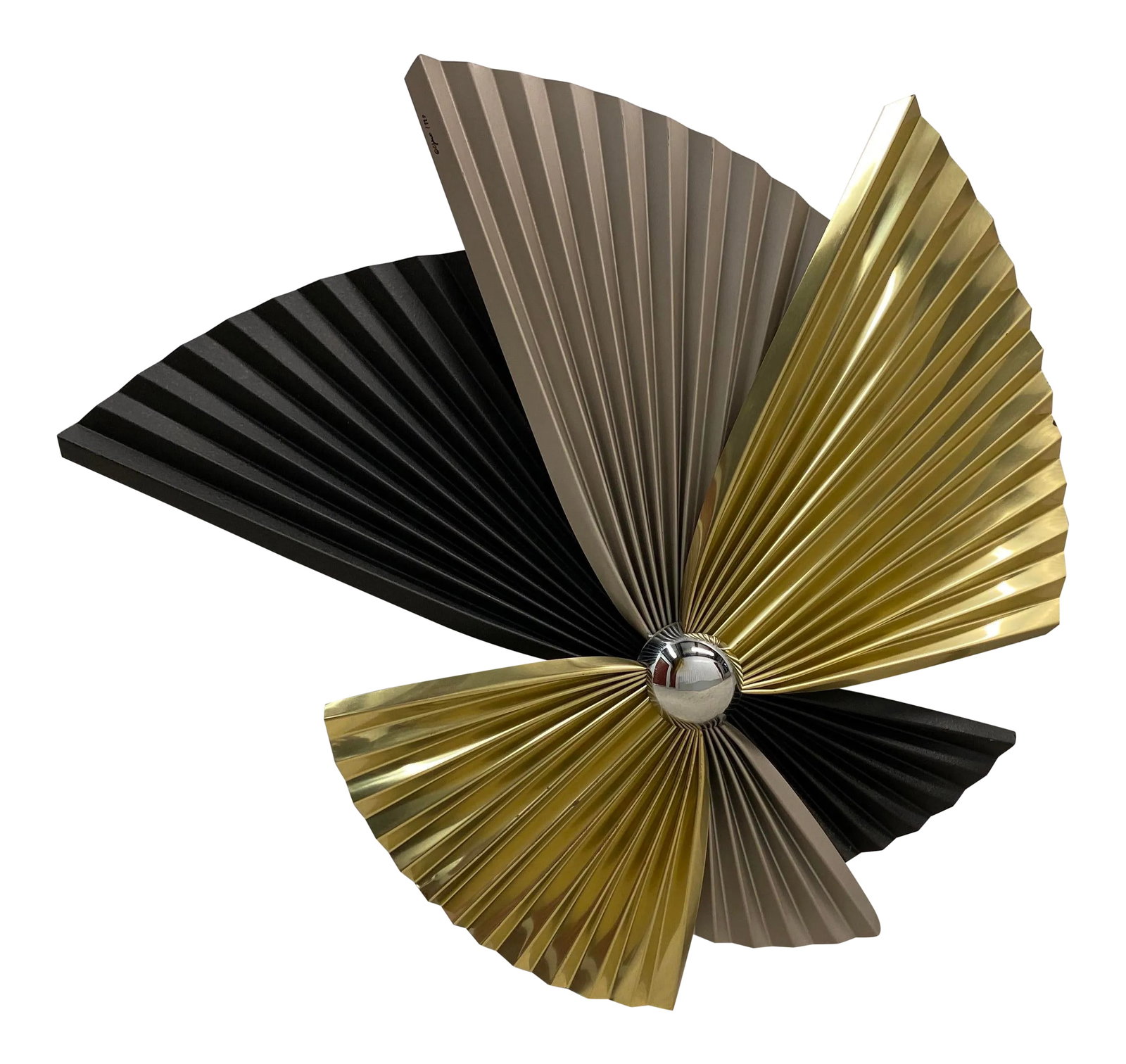 1990s Curtis Jere Fan Wall Sculpture: Signed and dated Curtis Jere pleated fan wall sculpture. Great condition with minimal wear and tear on metal. Excellent folded paper look to fan pieces. Can be oriented in different positions on the