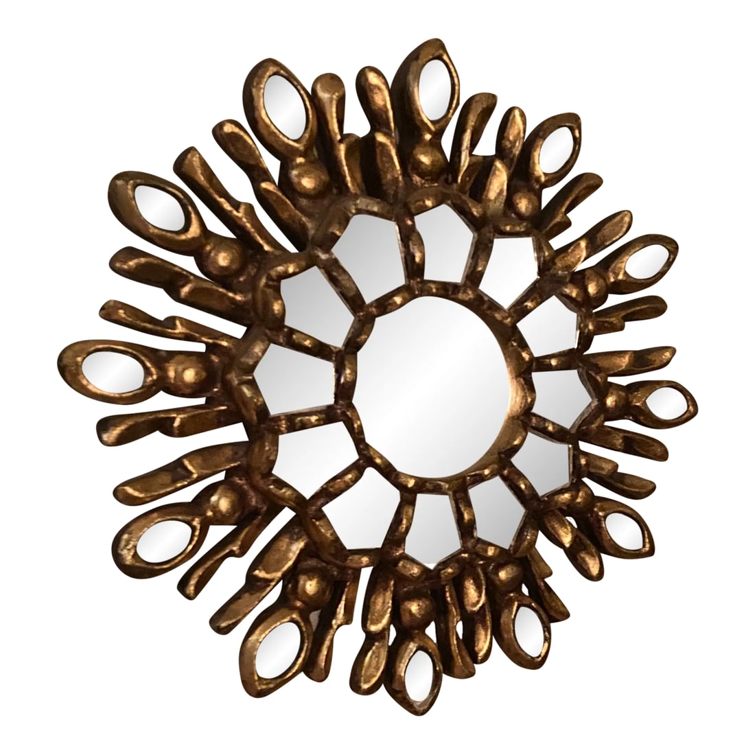 Mid-Century French Sunburst Mirror: Lovely and diminutive mid-century gilt French sunburst mirror. Wonderful patina to gold. Dimensions: 8 3/4 inches in diameter. Free shipping within the Continental U.S. Condition: Alterations: