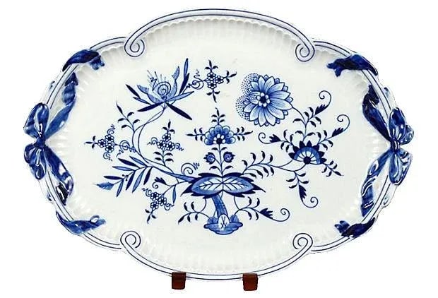 Antique Meissen Floral Oval Tray: Antique (1900-1910) German Meissen oval floral porcelain tray with ribbon handles. Marked with iconic Meissen crossed swords logo on the underside. Condition: Condition Notes: Excellent - Minor wear
