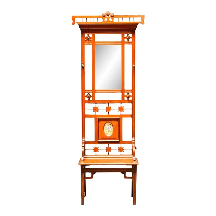 Mid 20th Century Vintage Chinoiserie Hall Tree: The design of the hall tree suggests a blend of functionality and decorative art, making it both a practical piece for storage and an attractive addition to home decor. The style and materials indicat