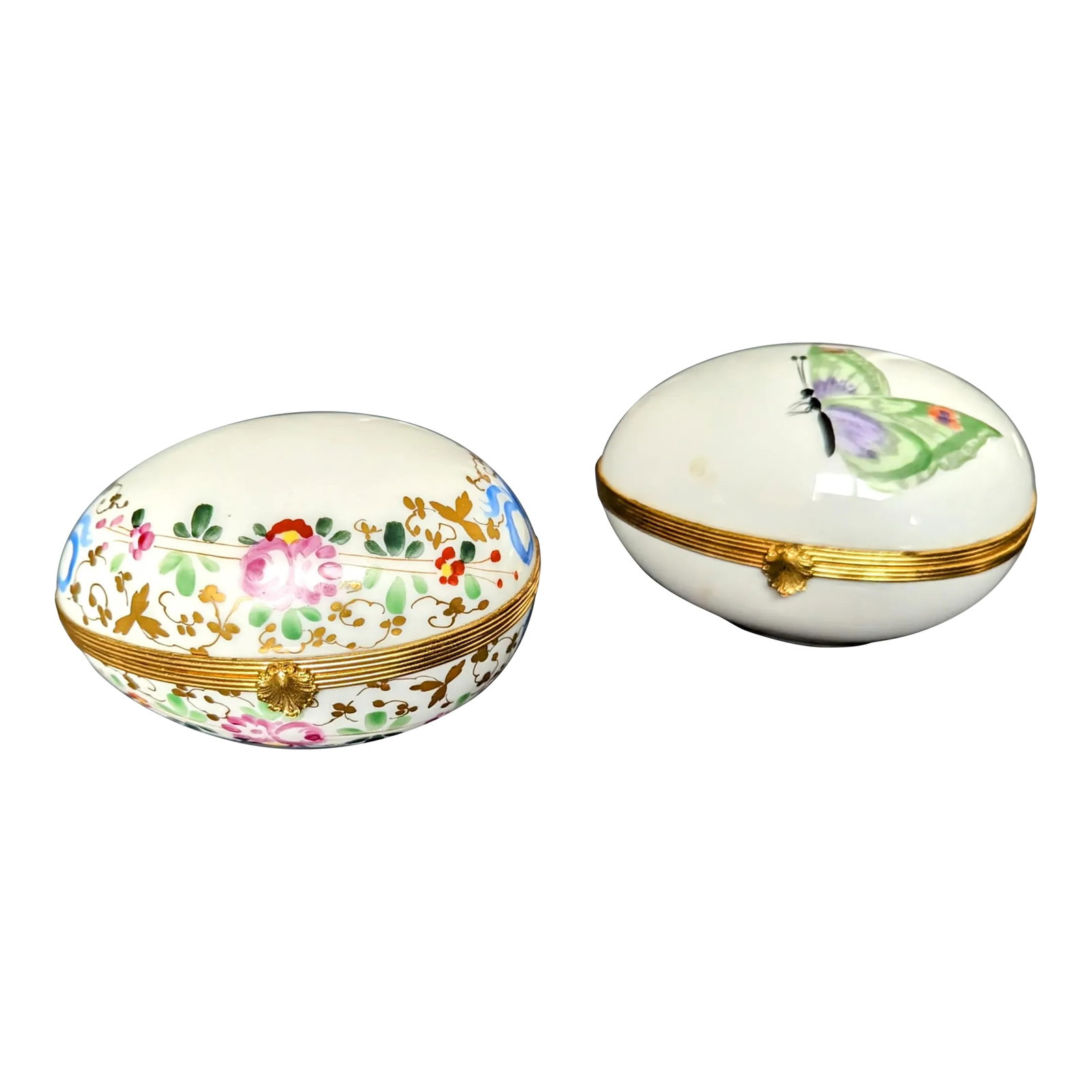 Early 20th Century Butterfly and Floral Limoges Egg Shaped Boxes, a Pair (1 of 3)