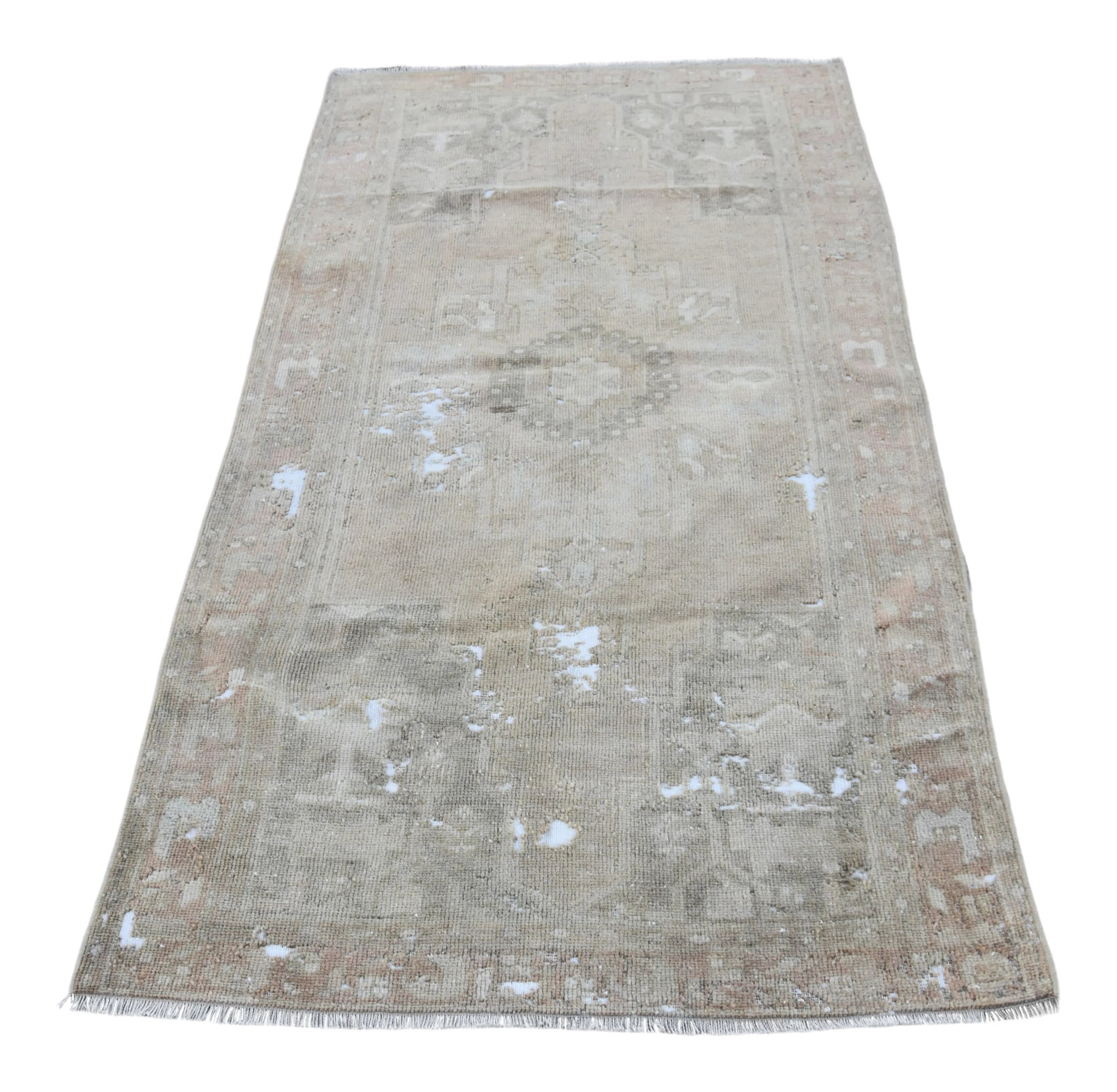 1960s Vintage Turkish Faded Oushak Handmade Oriental Area Rug Hand Knotted Rug: Size: 3.2 x 6.1 ft (99 x 186 cm) 39 x 73.2 inches Color: Beige Green Muted Red Brown Material: 100% Wool Fast Shipping: Delivery in 1-3 Business Days. All rugs are handwoven by traditional tribes of