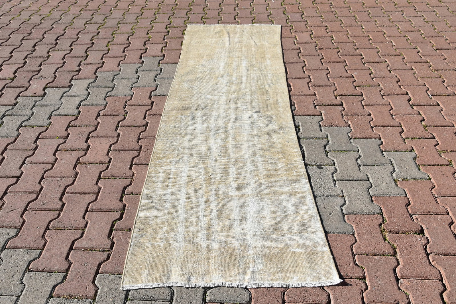 1960s Vintage Turkish Beige Color Handmade Anatolian Wool Runner Rug - 3