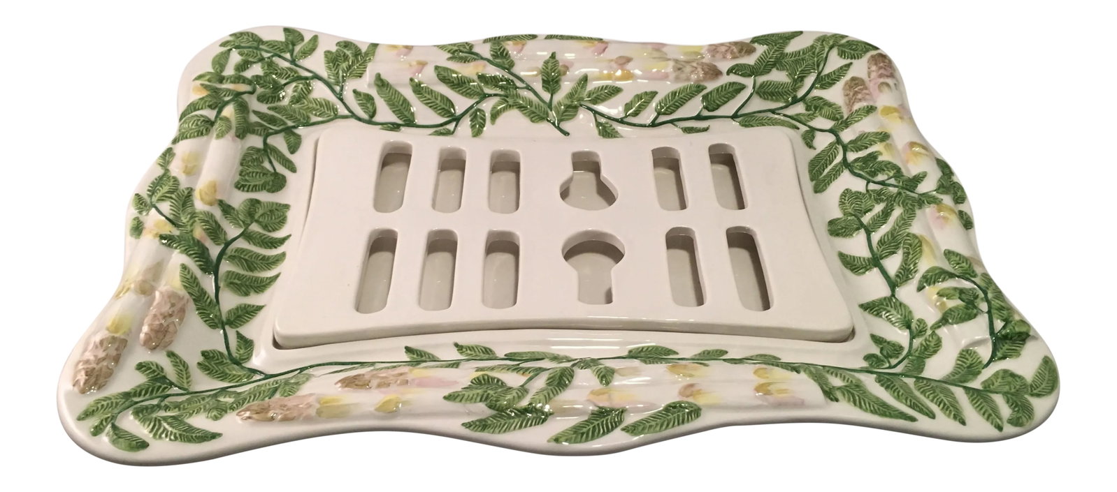 Vintage Italian Asparagus Serving Platter: This very rare vintage Italian ceramic asparagus serving platter with a removable draining insert is beautifully decorated with white asparagus that gained a hint of green and lavender when touched by