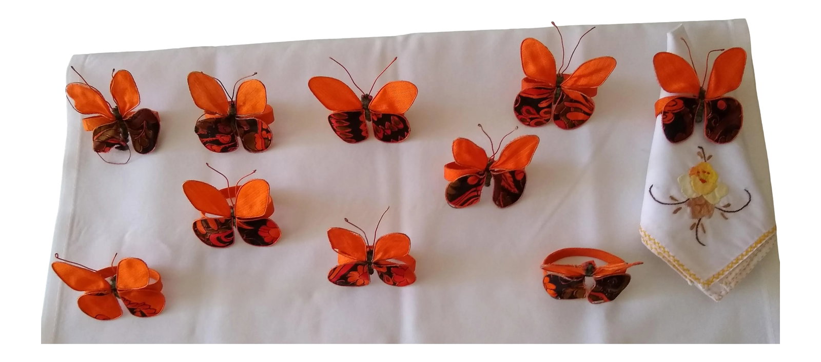 Vintage Set of Ten Hand Painted on Silk Butterfly Napkin Rings: Collected while resident in Singapore in the early 1980's. Playful conversation pieces for your next and future invited guest meals. Condition: Alterations: Original Condition Unaltered