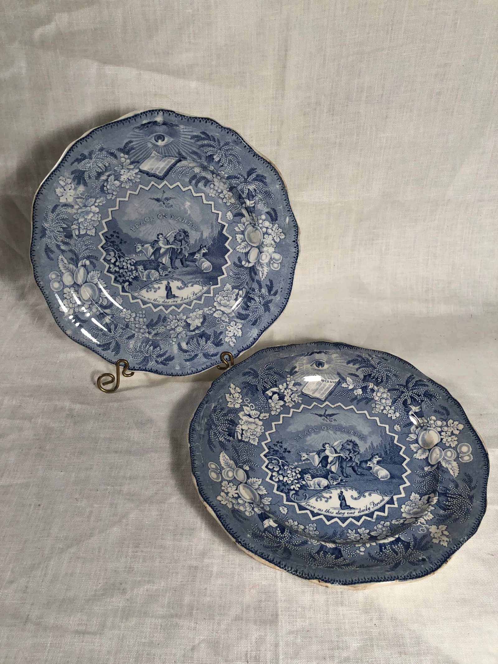 Antique Transferware Staffordshire Millennium Blue and White Plates - a Pair - 4