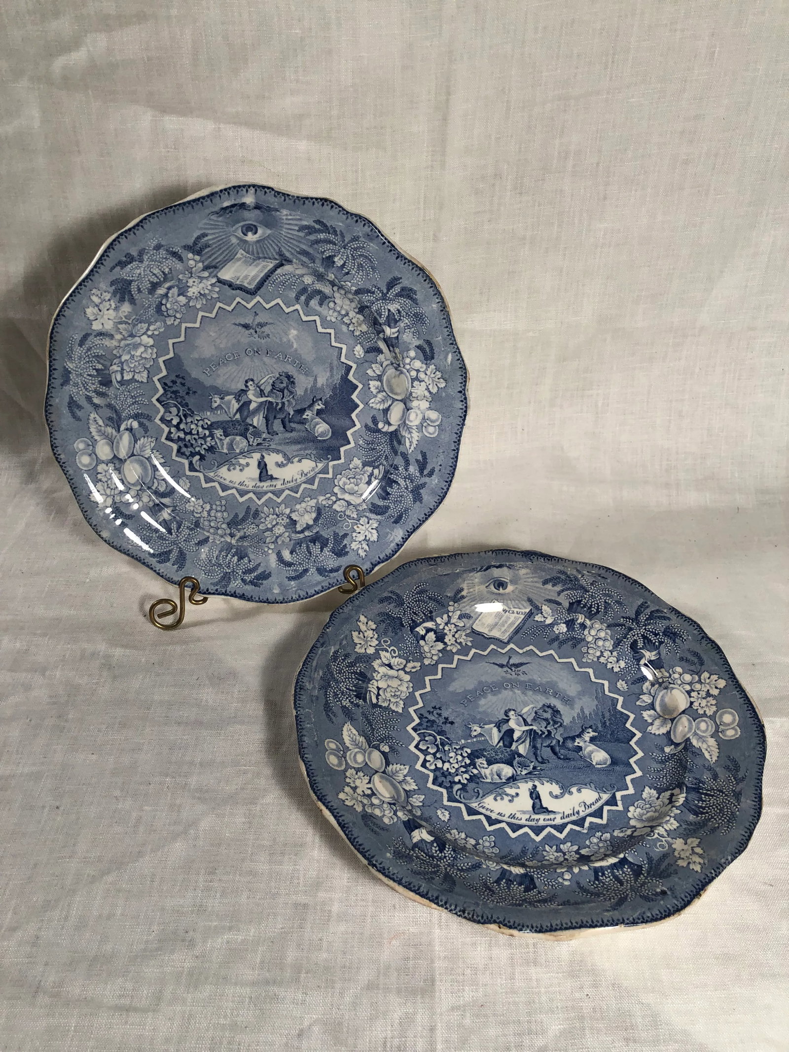 Antique Transferware Staffordshire Millennium Blue and White Plates - a Pair - 5