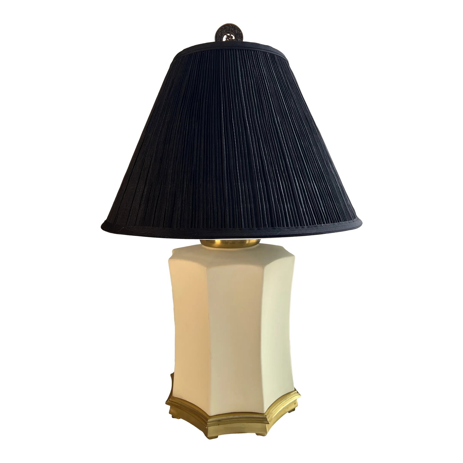 Vintage Mid 20th Century Asian Art Deco Chinoiserie Eight Sided Bisque and Brass Lamp With Black Sha (1 of 12)