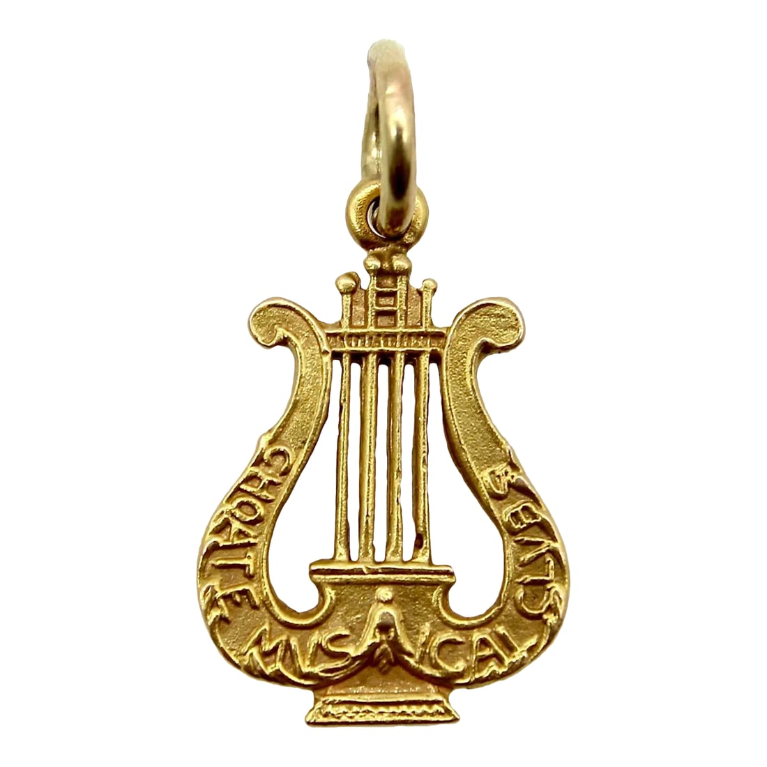 Late 19th Century Victorian 14k Gold Lyre Pendant Charm: This is part of Chairish's Fine Jewelry assortment. This 14k gold pendant is shaped like a musical lyre and inscribed with the words "Choate Musical Clubs." The charm is most likely associated with