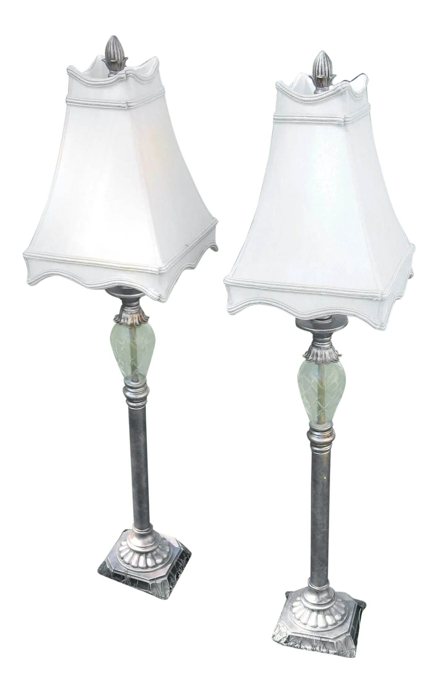 Crystal and Metal Candlestick Lamps With Linen Shades - a Pair: A candlestick lamp set will look appealing on a sofa table in your living room, on a sideboard in your formal dining room, or featured on a long and low dresser in your bedroom. You can even use them