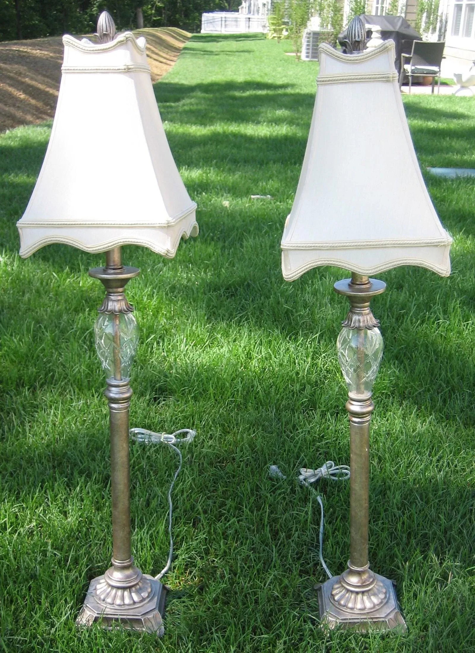 Crystal and Metal Candlestick Lamps With Linen Shades - a Pair - 2