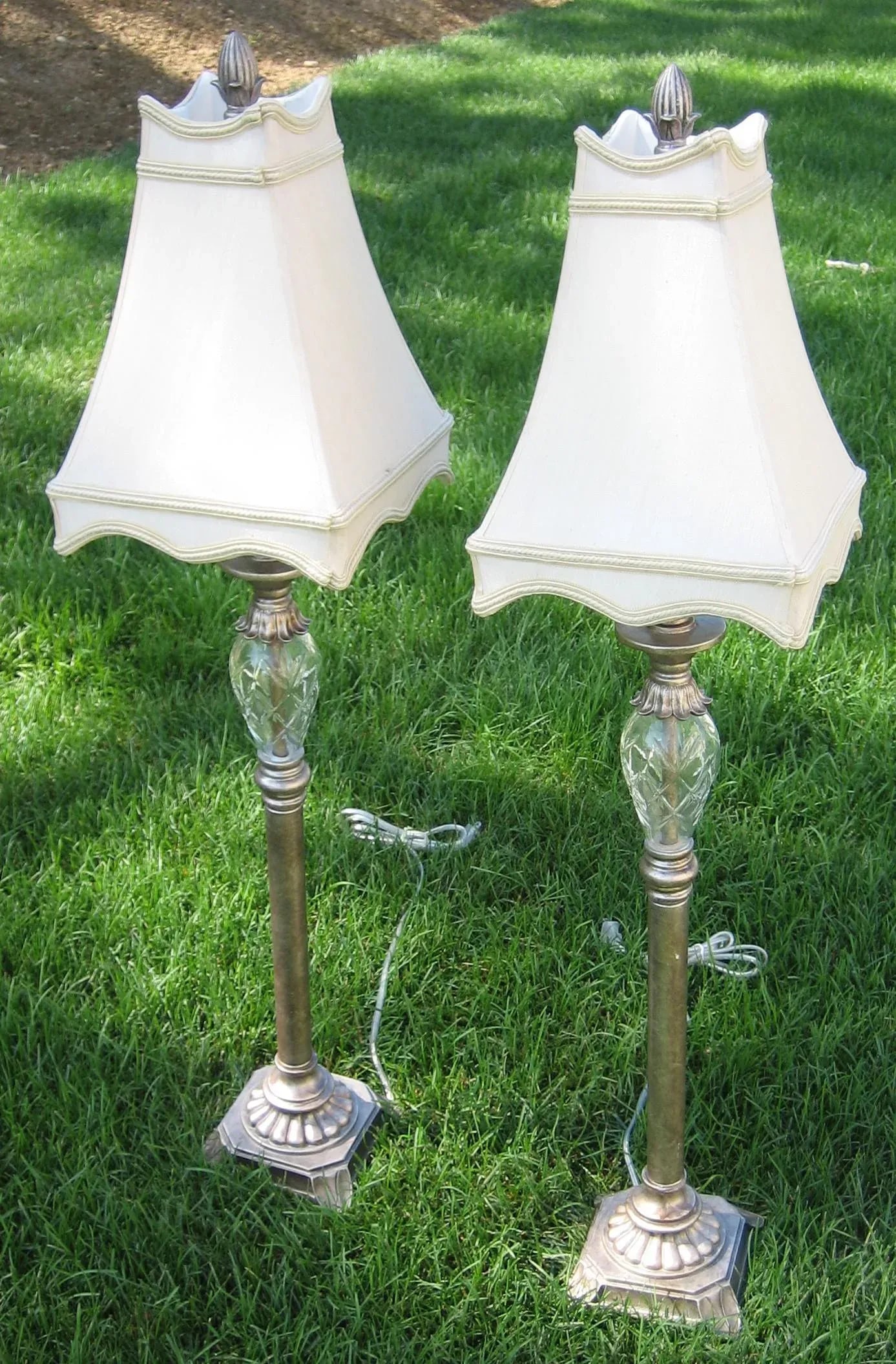 Crystal and Metal Candlestick Lamps With Linen Shades - a Pair - 5