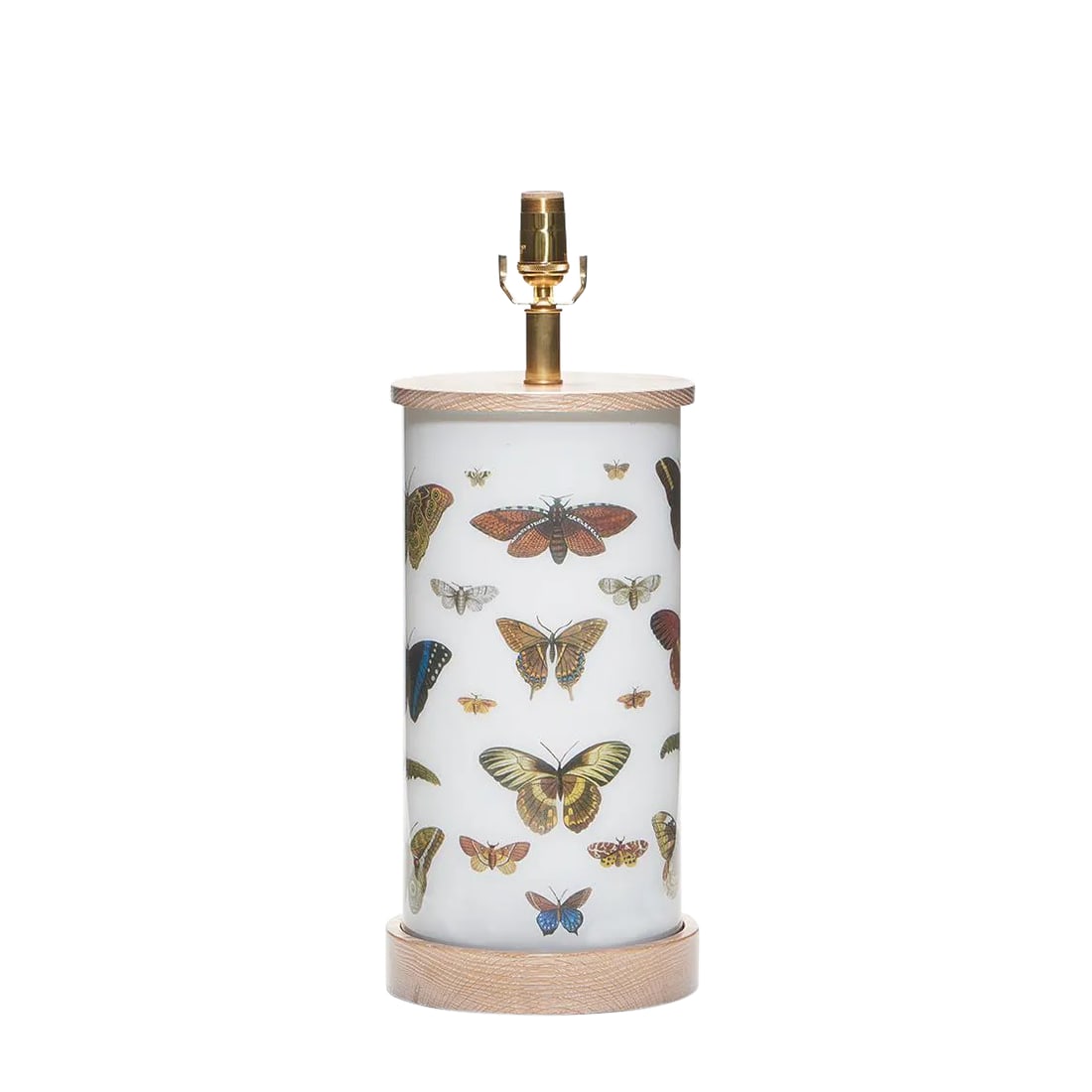 Liz Marsh Designs "Natural History" Table Lamp: This is a single lamp with an allover pattern of natural history prints in earth tones. Cerused oak base and cap with a soft white ground color and polished lacquered brass dimmer socket. The blown