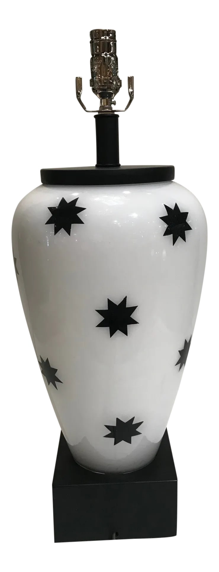 Liz Marsh Designs Star Lamp: Deco blown glass shape on chic block wooden base with decoupaged black stars. This one of a kind black and white lamp has a polished nickel dimmer socket and clear cord. Chic ! Lamp base only, shade n