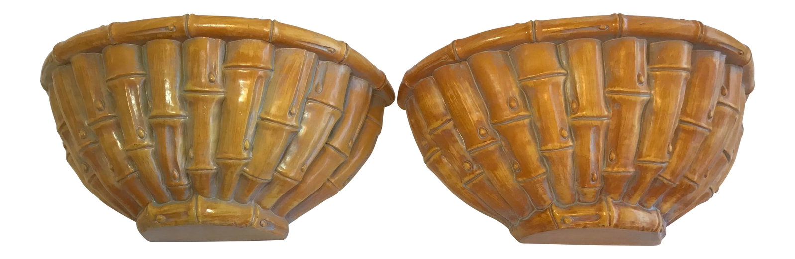 Large Vintage Palm Beach Coastal Chinoiserie Faux Bamboo Wall Shelves Brackets Sconces- A Pair: Offered are a fabulous, one of a kind, extra large vintage faux bamboo wall shelves. Both have a shallow slit on top (9th picture) to display a plate or they are deep enough to display your favorite