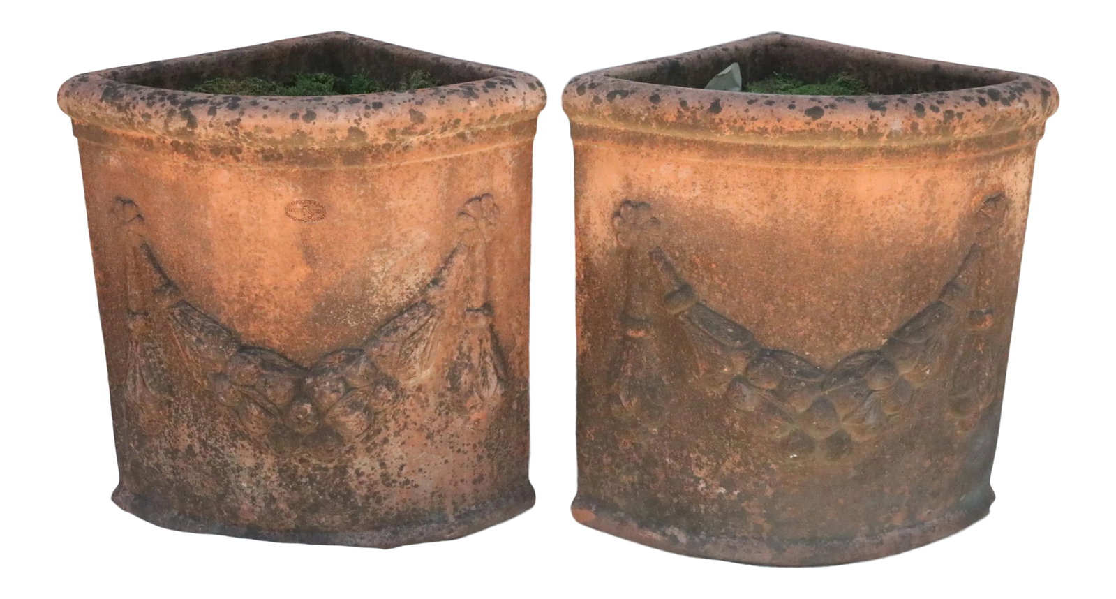Italian 1/4 Round Terracotta Planters - A Pair: A pair of classic Italian terracotta garden planters with a half round form dating from the middle of the 20th century. They have a wonderful weathered patina and are in excellent as found condition