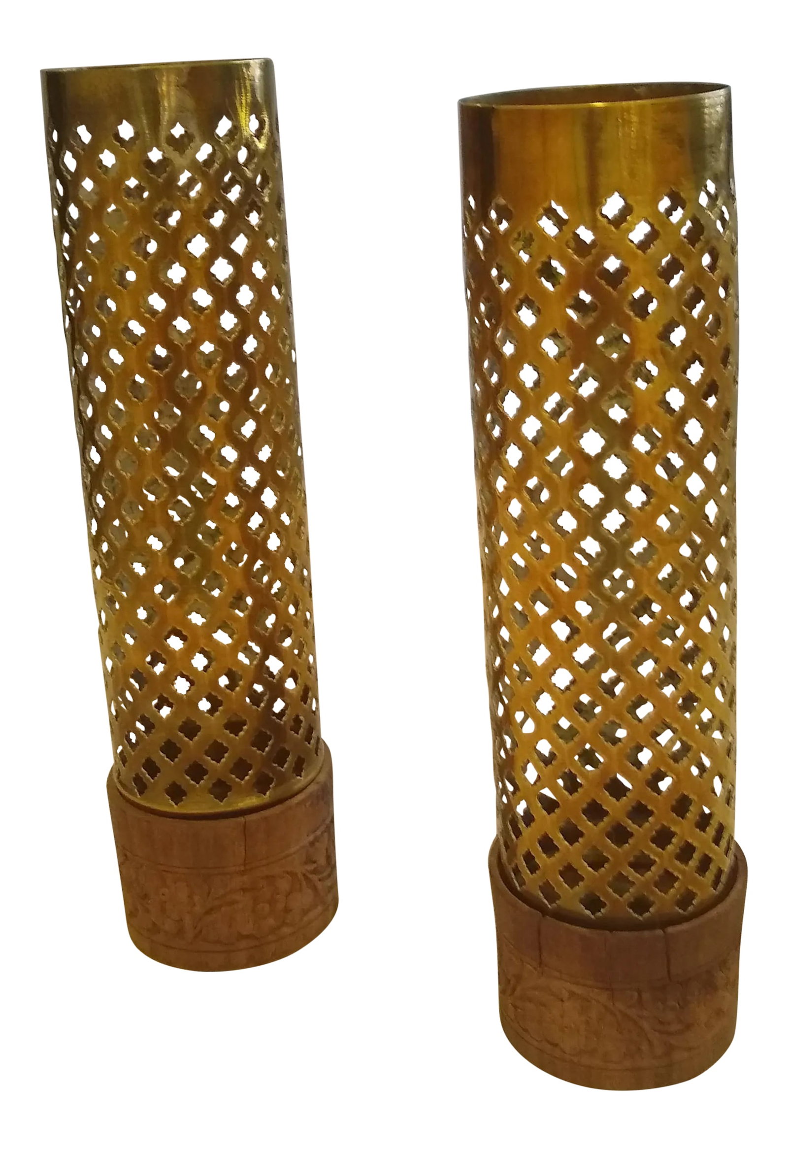 Vintage Perforated Brass/Wood Candle Holders - a Pair: Acquired while living in Singapore in the early 1980s. They're tall candleholders that diffuse light through the diamond-shaped cuts in the metal. Condition: Alterations: Original Condition Unaltered