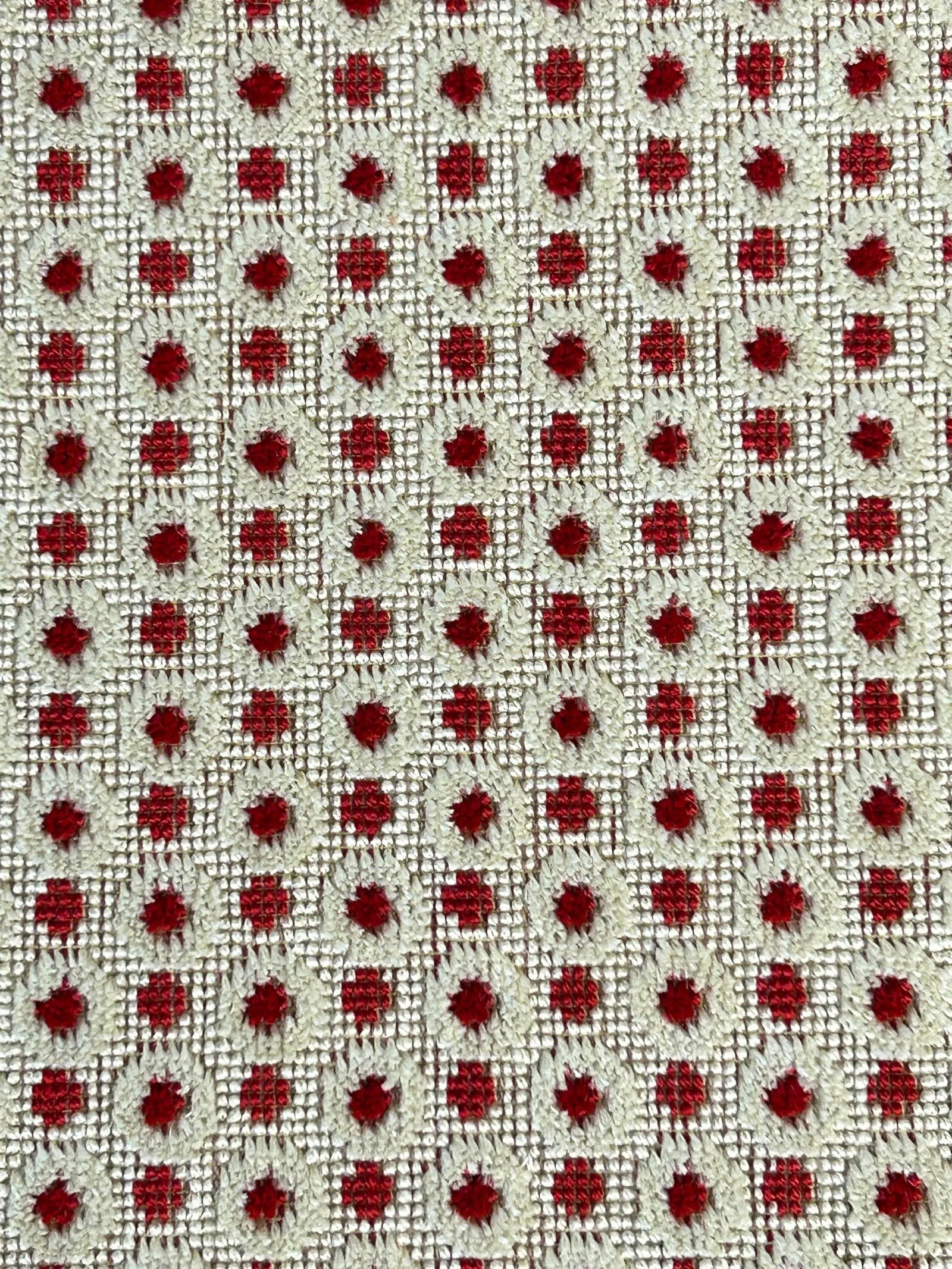 Clarence House "Parity" Linen Velvet- 6 Yards: A modern red dot on a beige ground, "Parity" is a classic Gros Point upholstery quality with linen and cotton mix of yarns. The dimension is created by both contrasting colors plus the loop and cut
