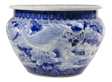 1950s Vintage French Porcelain Cache Pot: Striking blue and white French cache pot in porcelain, c.1950. Quite large, exquisitely crafted. Chinese style. Condition: Alterations: Original Condition Unaltered Imperfections: Some Imperfections
