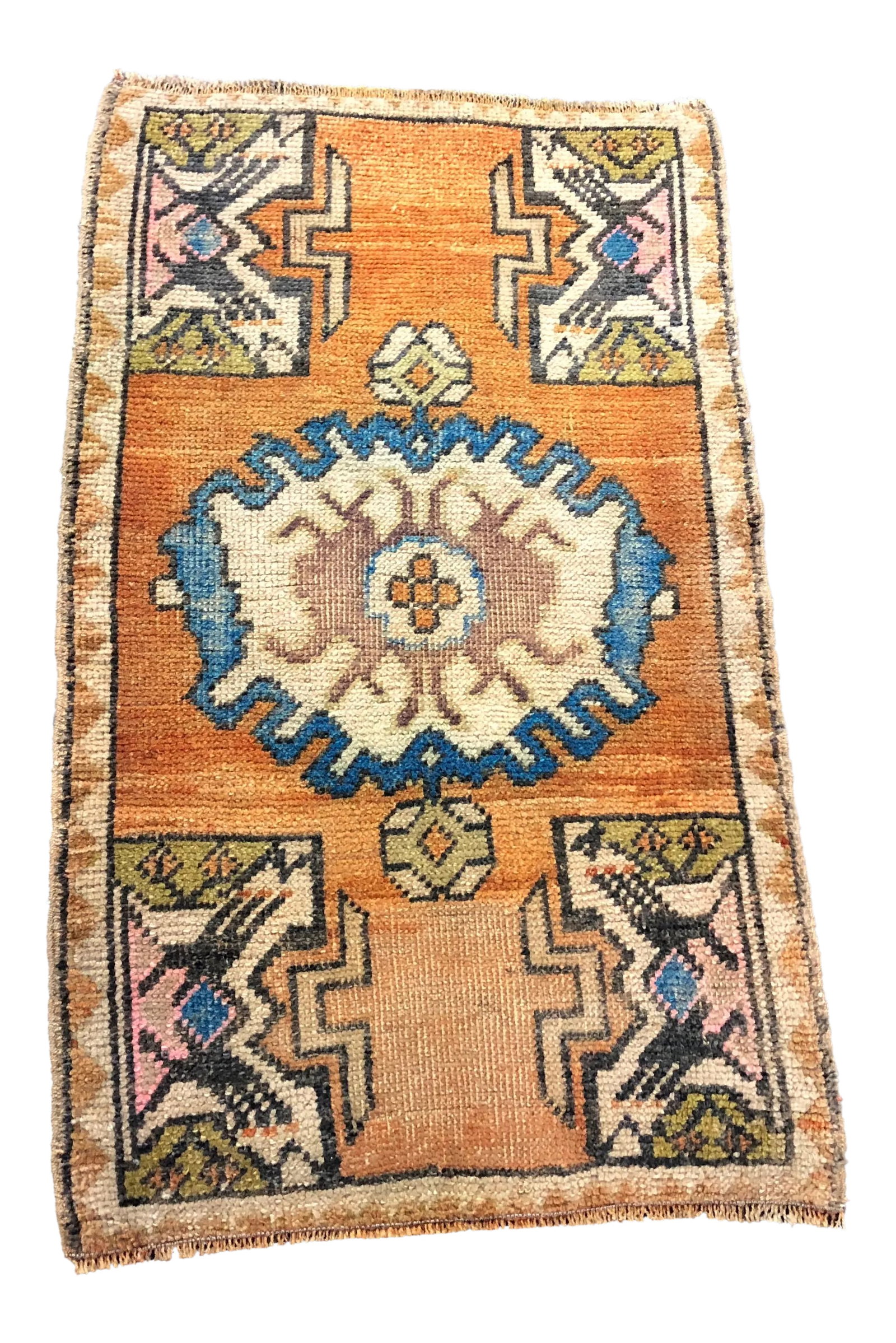 Vintage Turkish Small Traditional Orange Rug - 1'10'' * 3'2'': Vintage Anatolian handmade wool and cotton rug. One of kind vintage rug with perfect design and colors. Condition: Alterations: Original Condition Unaltered Imperfections: Some Imperfections Condition