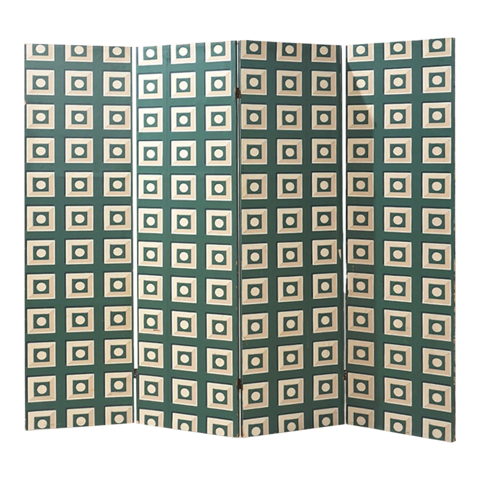 1970s Deco Four Panel Screen: - 67"h, 66"w, 1"d - Wallpapered wood - Condition: Good; patina throughout with some areas of missing paper Condition: Alterations: Unknown Imperfections: Some Imperfections Condition Notes: Good; pati