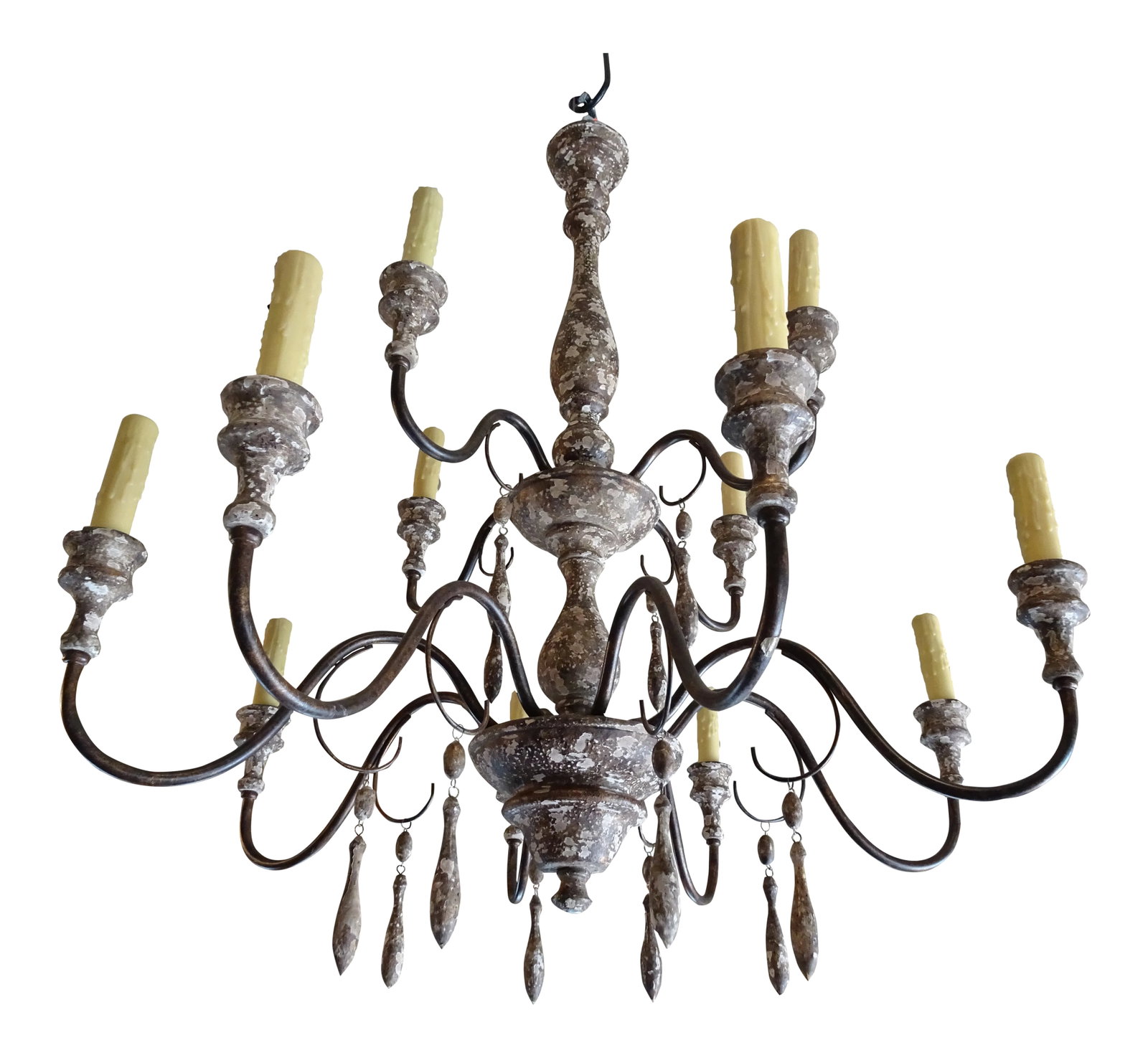 Italian Wood & Iron Chandelier: New Italian 2 tiers wood stem chandelier ( 12 lights ) with iron scrolled arms and wood tassels hanging from each scroll. This chandelier is very airy and will give a lot of light. The iron has a