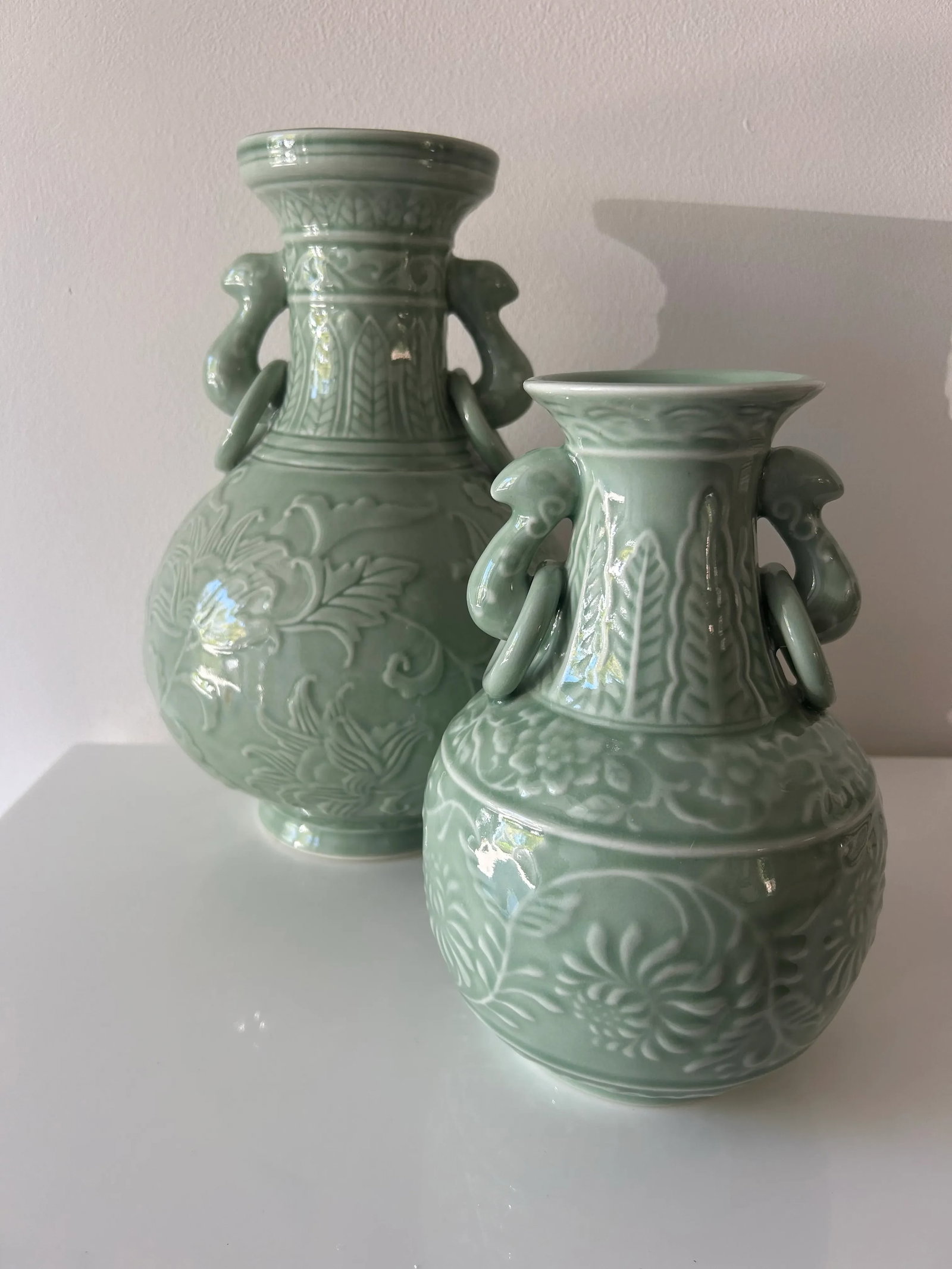 Pair of Chinese Porcelain Celadon Vases With Fixed Ring Handles - 2