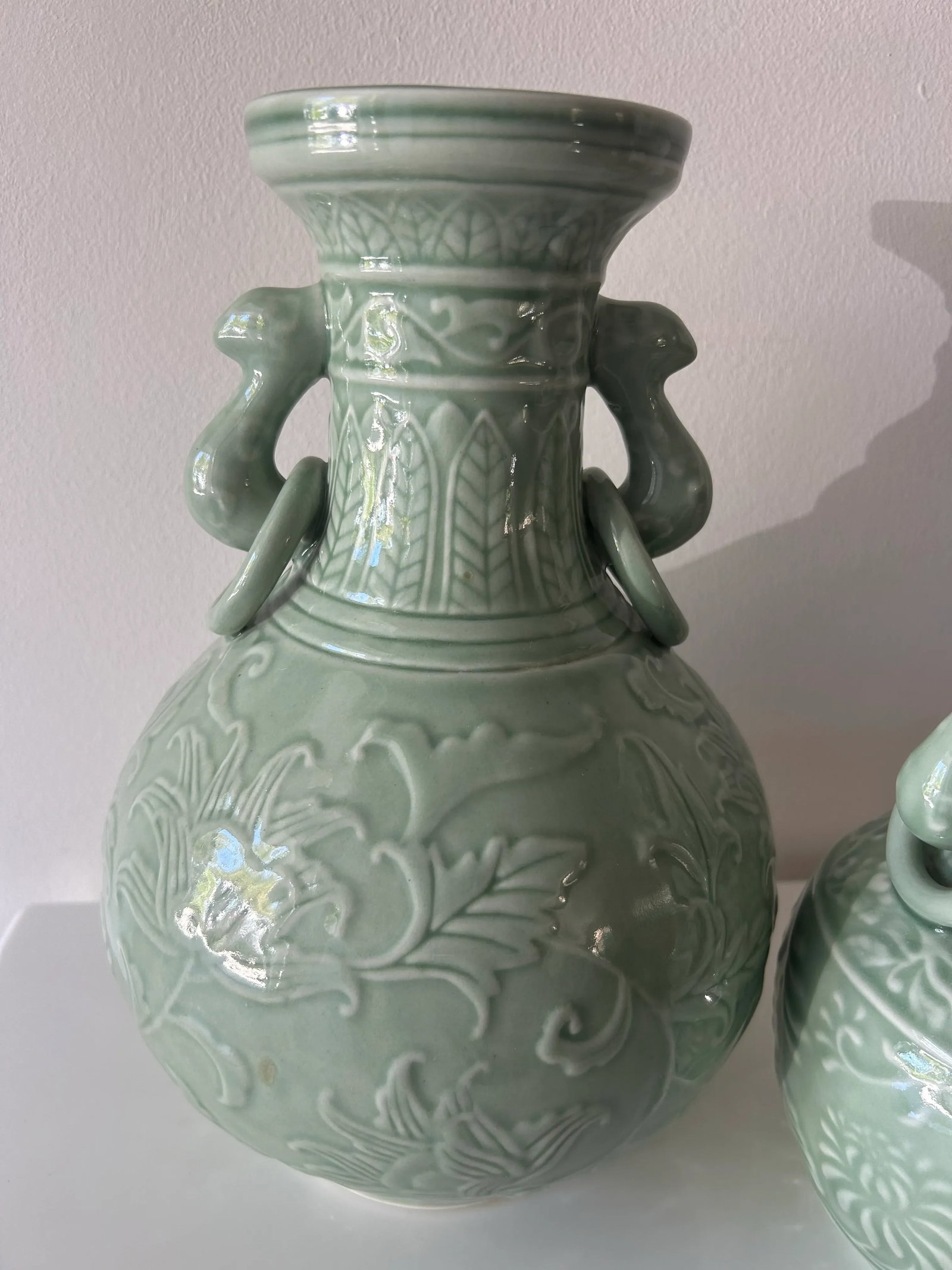 Pair of Chinese Porcelain Celadon Vases With Fixed Ring Handles - 3