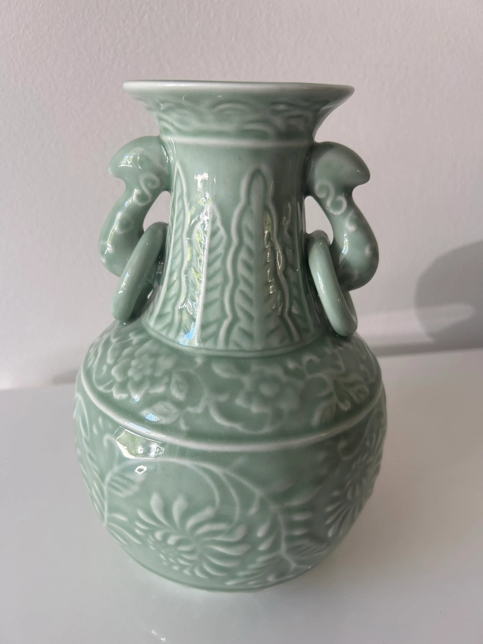 Pair of Chinese Porcelain Celadon Vases With Fixed Ring Handles - 4