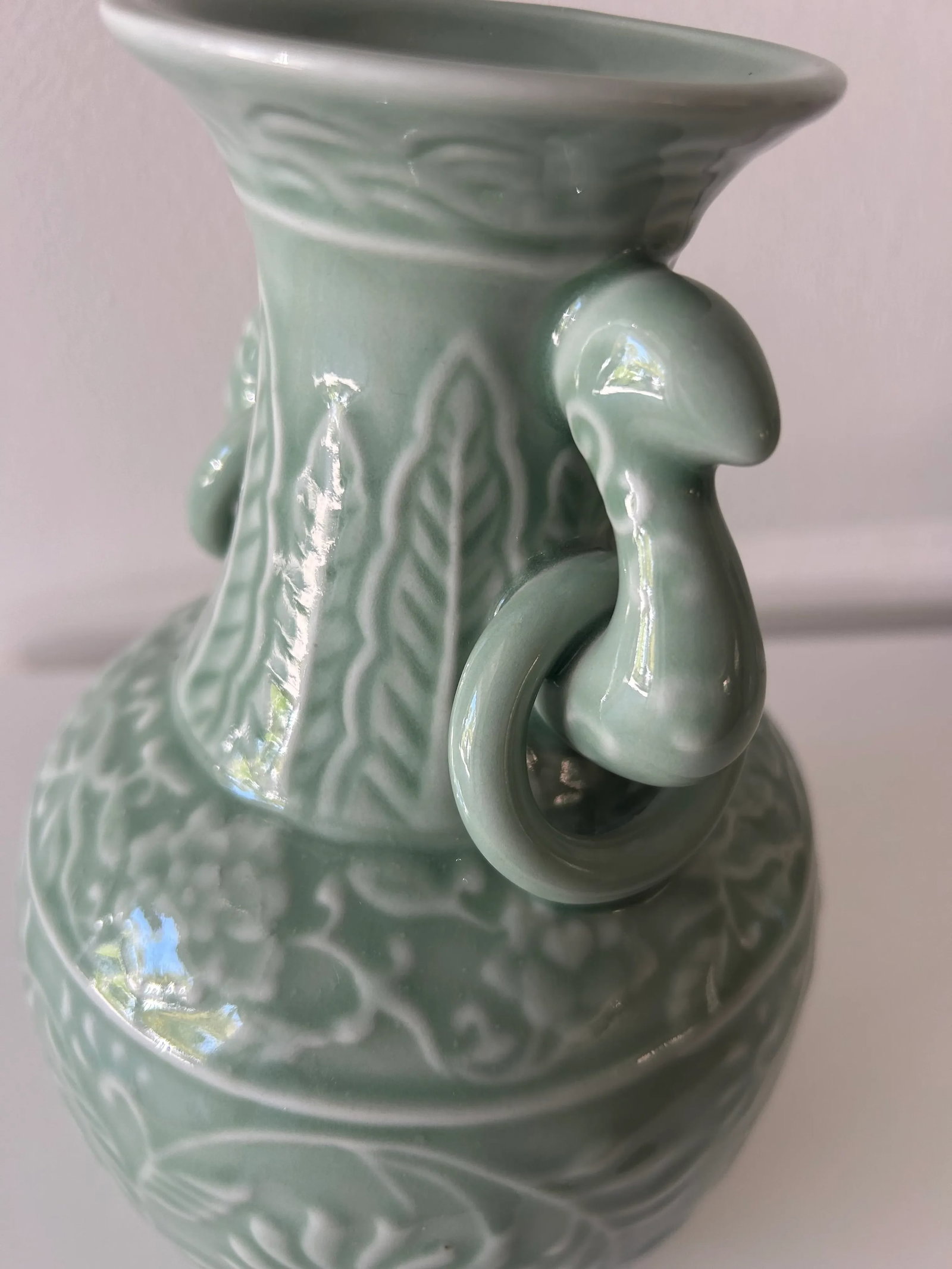 Pair of Chinese Porcelain Celadon Vases With Fixed Ring Handles - 6